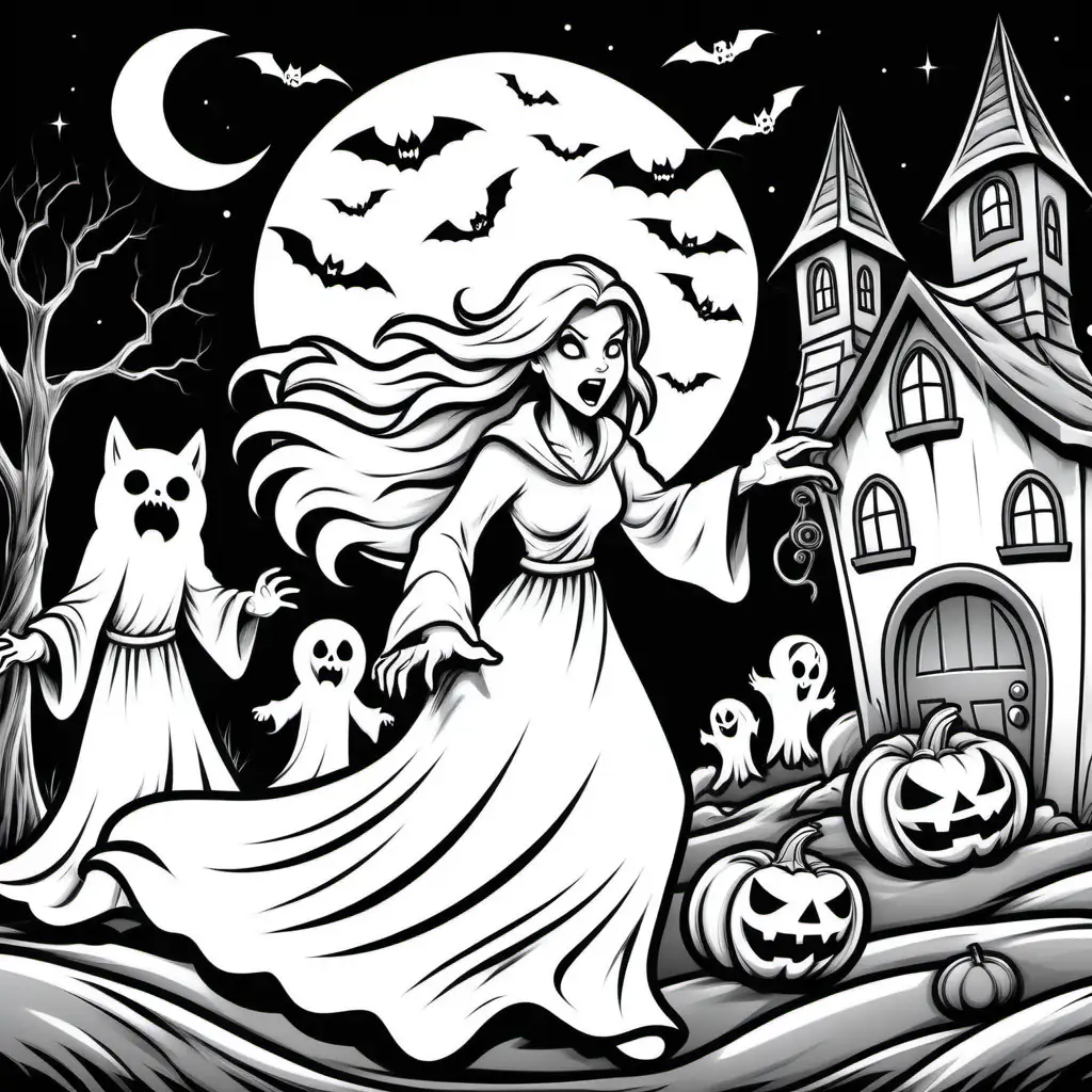 Spooky Halloween Night Coloring Page with Ghost Werewolf and Witch