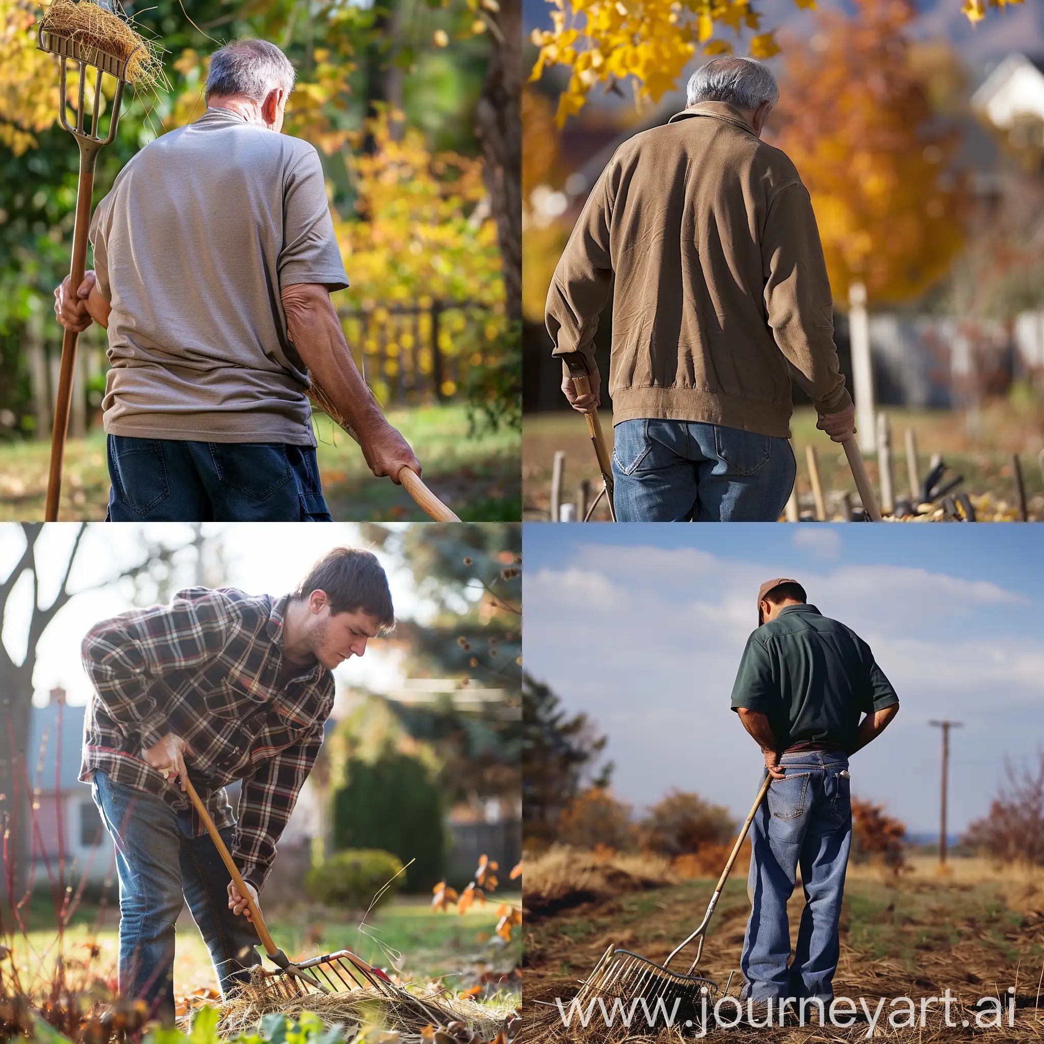 Relieving-Back-Pain-Man-Raking-with-Comfort-in-a-Tranquil-Setting