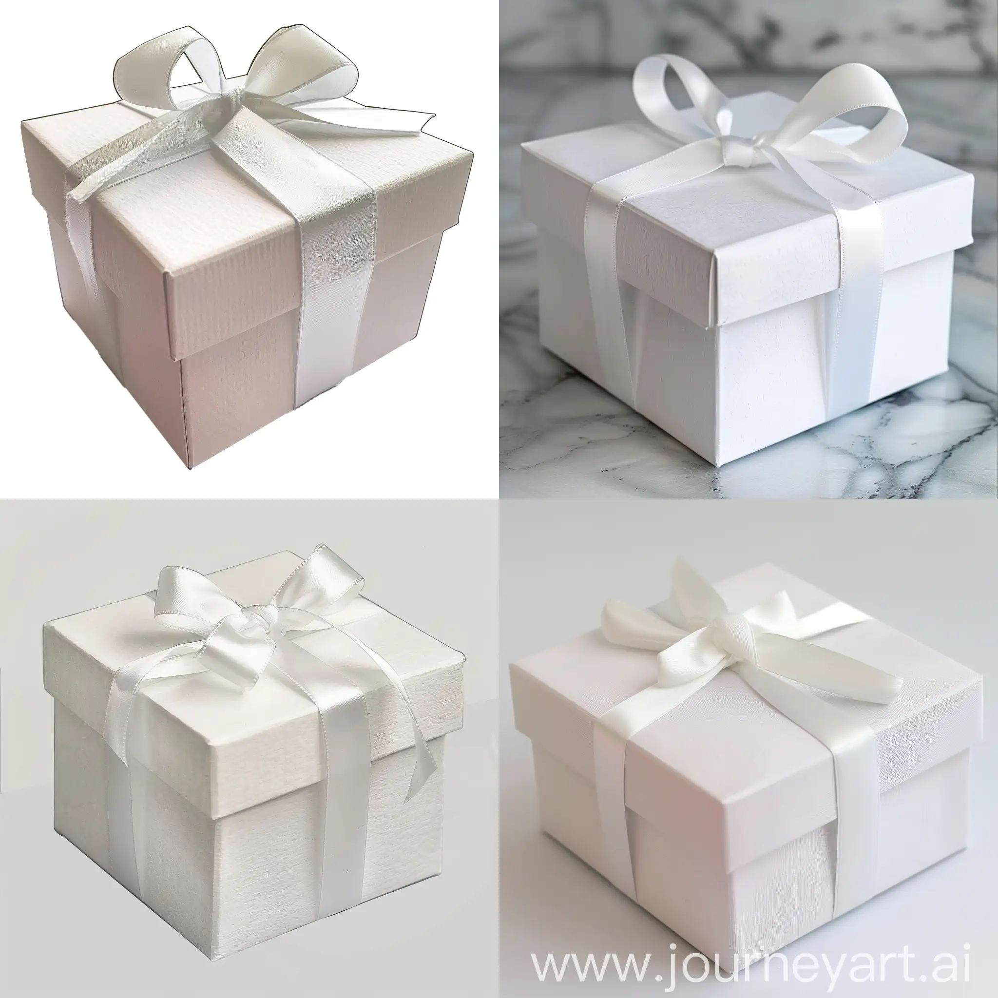 квадратная белая коробка для подарка, перевязанная белой лентой, бант,  вид сбоку полубоком, акварельная техника 