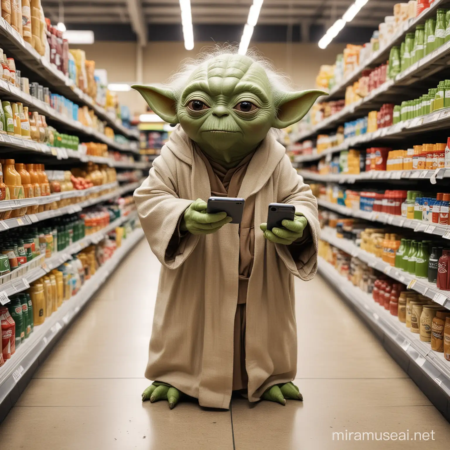 Yoda in grocery store with a smart phone in one hand animating people to buy; instagram; no text ​