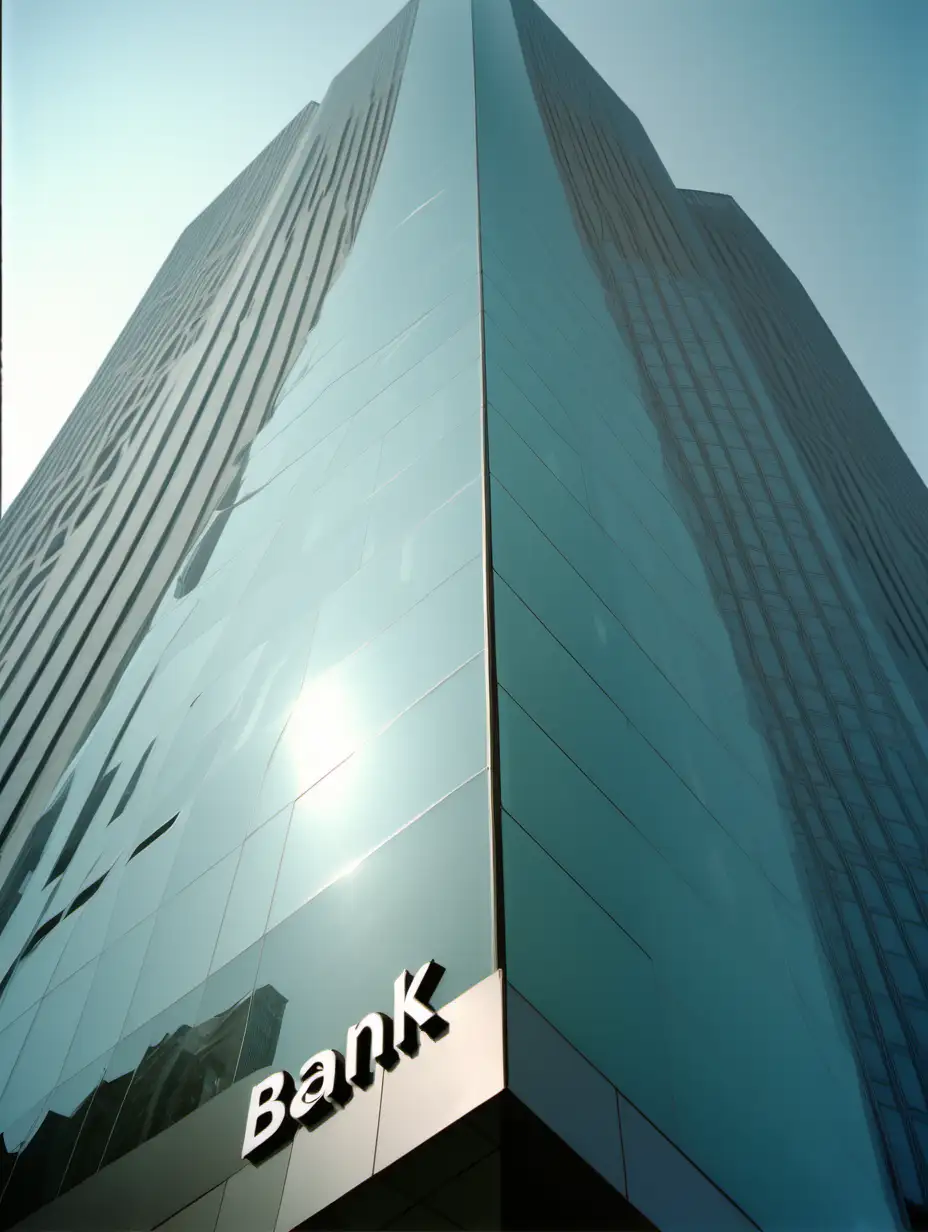film photo of a high tech bank headquarter. slight reflection.