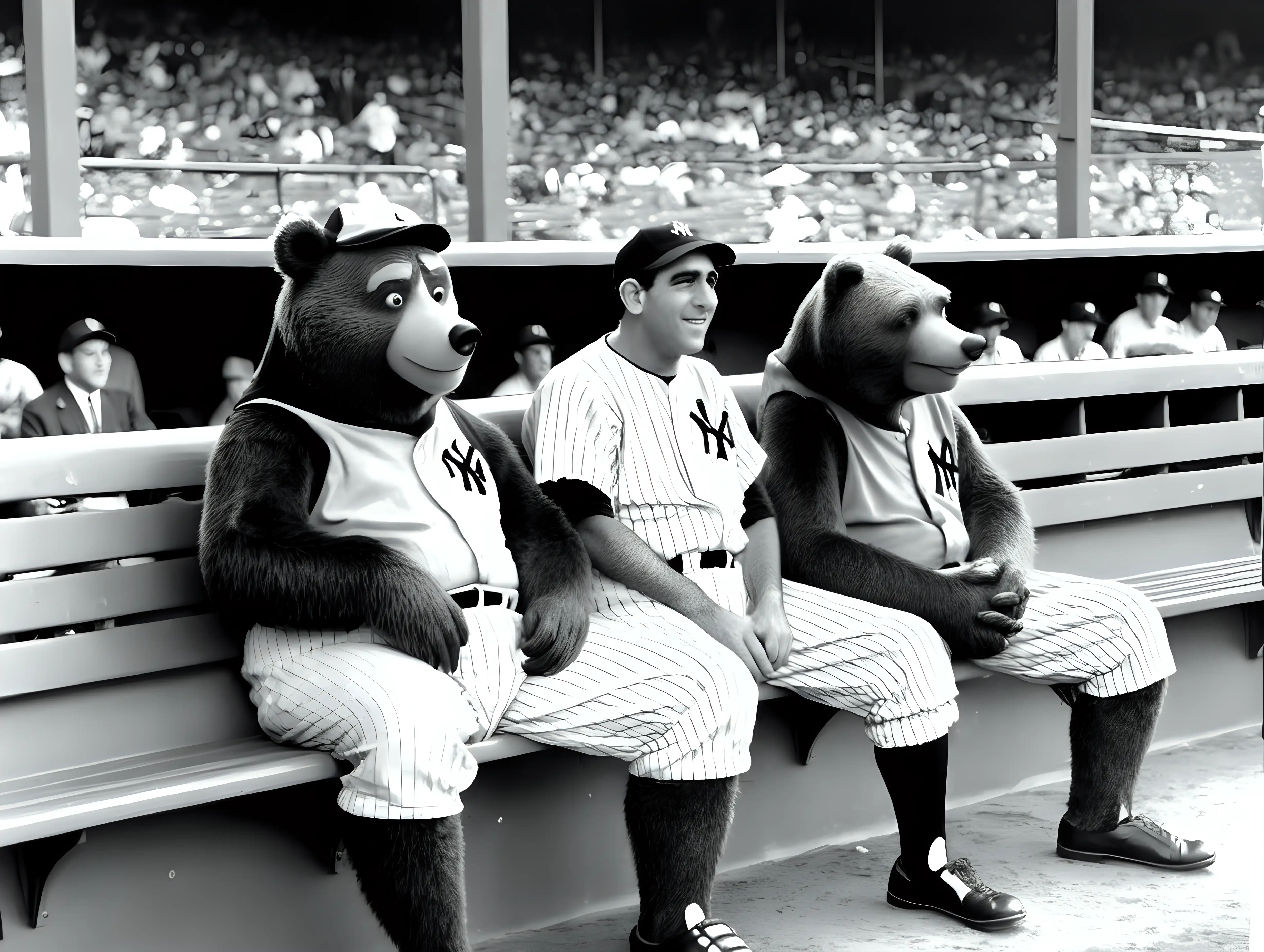 Yogi the Bear and Yogi Berra Enjoying a Bench Moment at Yankee Stadium 1951
