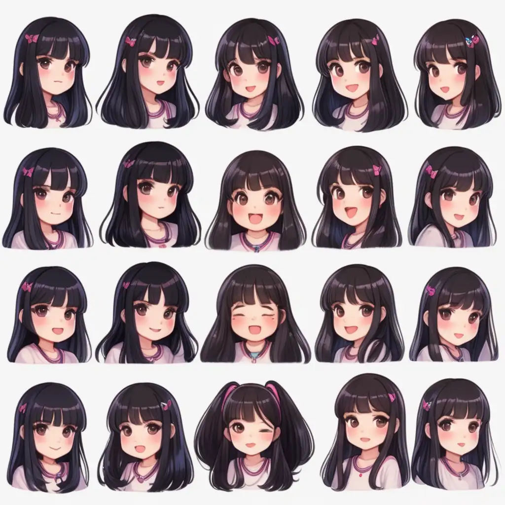 Joyful DarkHaired Twitch Emote Collection with Smiles and Flowing Black Hair