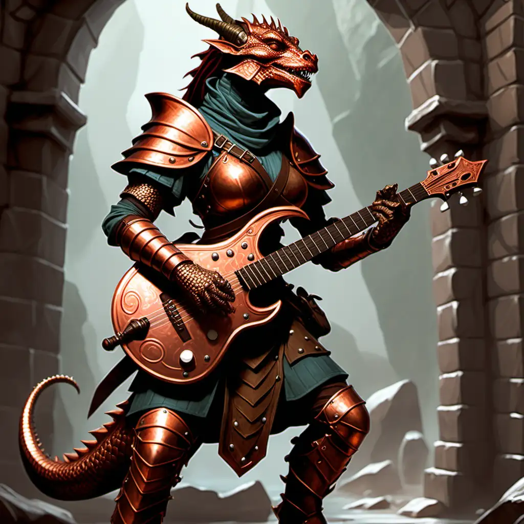 Copper Dragonborn bard from dungeons and dragons. Tall. Female. Wears scale mail armor. Wields a lute. 