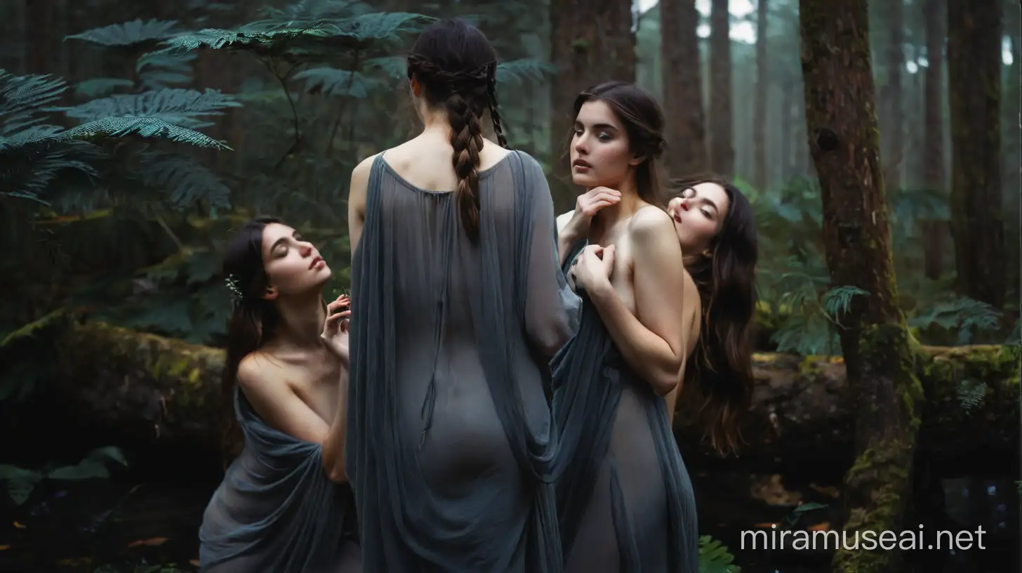 three nude muses in mystical forest.. [John William Waterhouse}