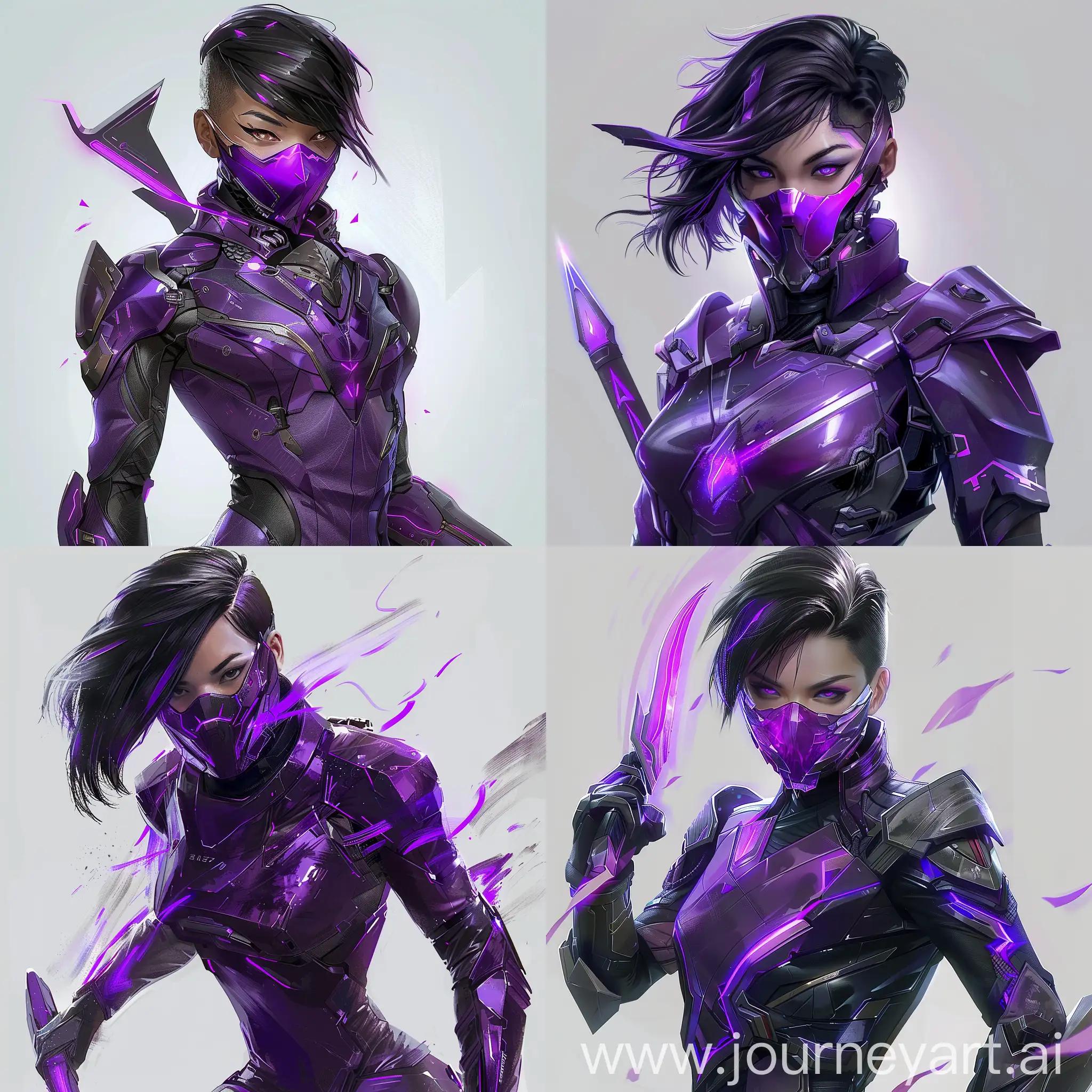 A female warrior with short and black hair wearing a sleek and futuristic purple armor suit, wielding a razor-sharp energy blade, with glowing purple accents, a dynamic pose, and a full-face mask that covers her entire face. Her hair has a purple gradient and is slightly longer than before.