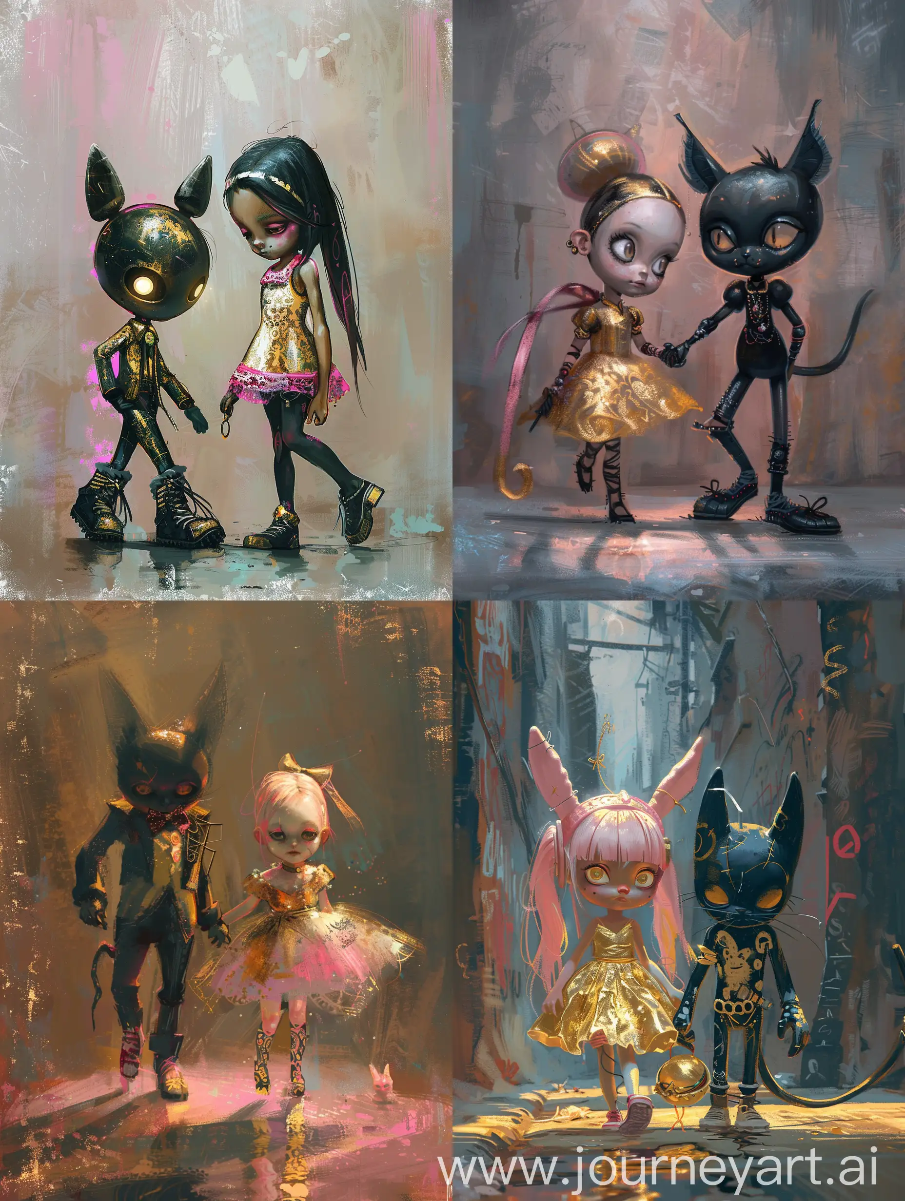 insanely beautiful little punk girl walking next to a a panter, by Chiara bautista and james jean, gold and pink soft colors, beautiful lighting, novel graphic style, very beautiful ornaments, lighting face, clear lighting, Alice in wonderland, 2D paint, low angle shot, ink painting style, trending in artstation, digital art, blackpunk, 8k, HD, character design, cartoon black line work