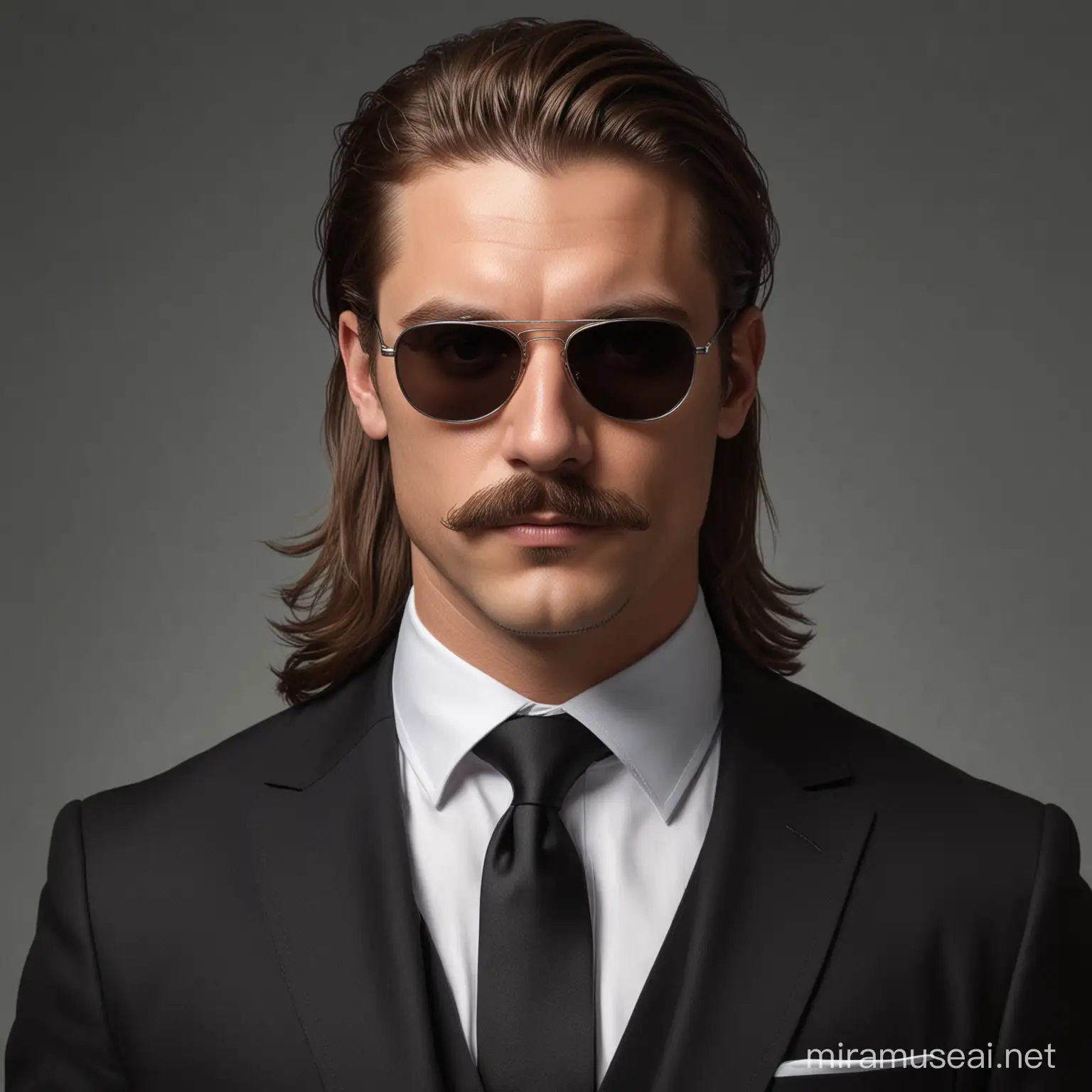 Realistic portrait, White male, Moustache, Long Brown hair, Black sunglasses, Serious face, Wearing a suit
