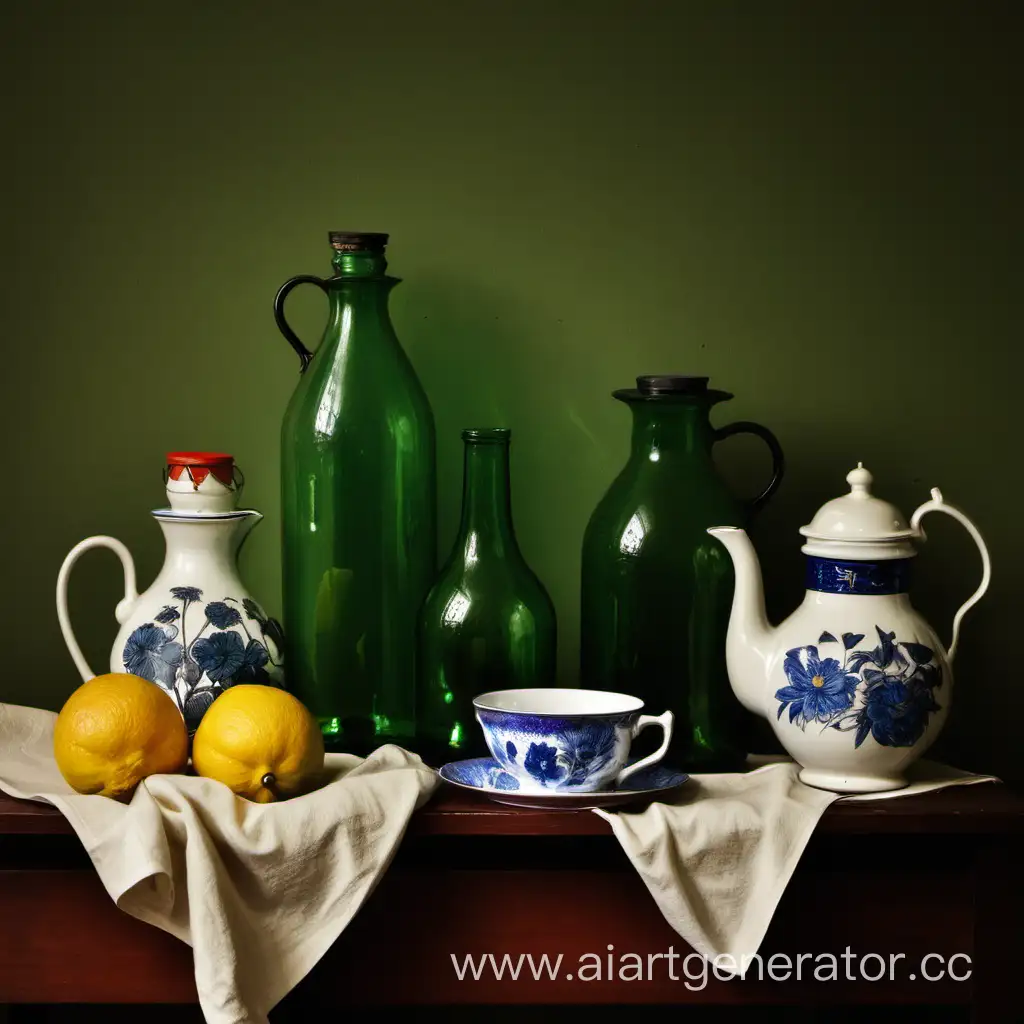 Elegant-Arrangement-of-Bottles-and-Teapots-in-a-Captivating-Still-Life