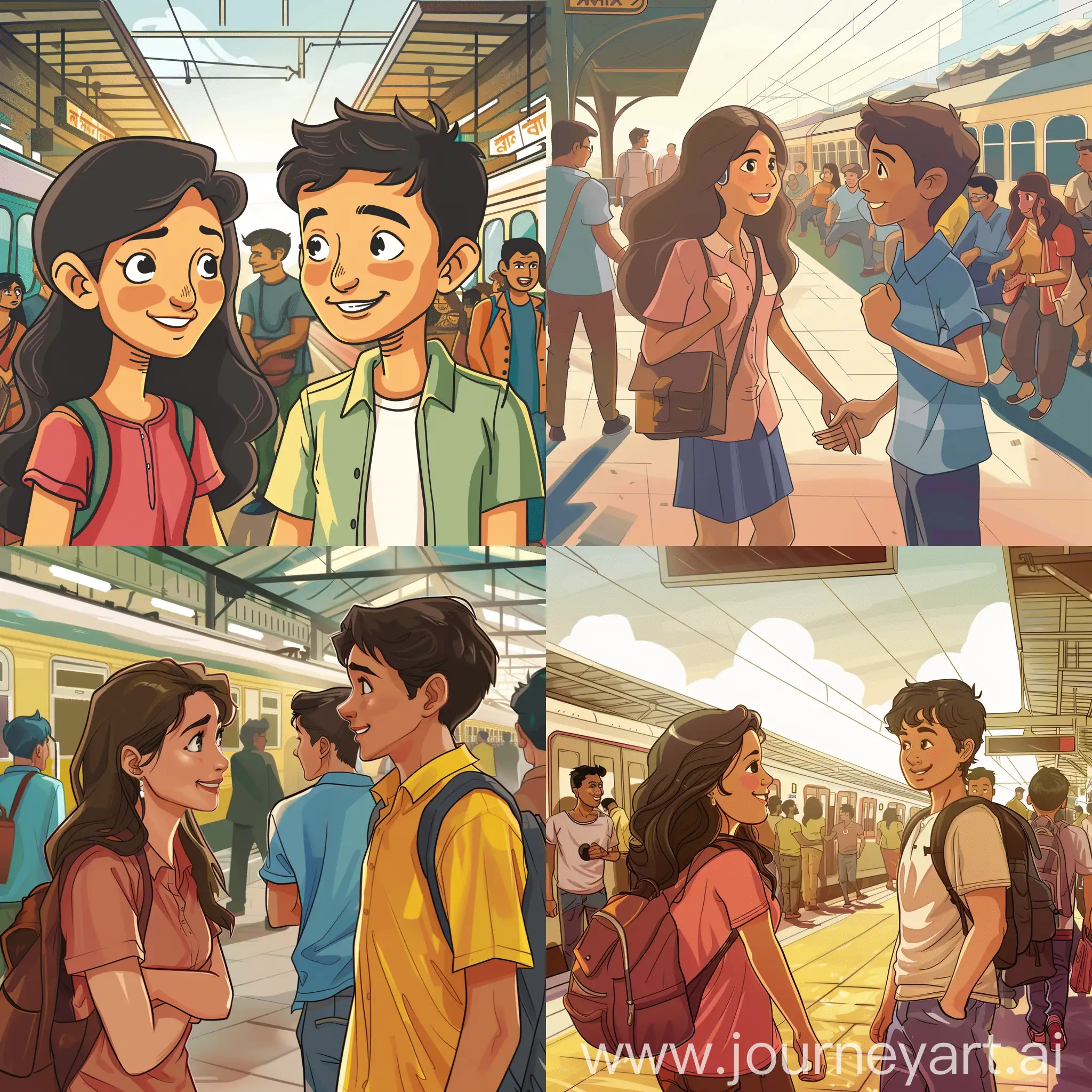 a high-quality cartoon illustration of Anika, a cheerful young woman from Munger, Bihar, and Mohit, a charming boy from Dehri, Bihar, striking up a conversation on Facebook. The scene captures their transformation from casual messaging to late-night calls, sharing deepest secrets, talking about dreams, fears, and memories. Anika describes the hustle of Munger, while Mohit paints vivid pictures of serene Dehri. Their virtual bond blossoms into deep love, despite the distance, leading to a decision to meet in Patna, the capital city of Bihar. The illustration shows Anika and Mohit locking eyes for the first time at a bustling train station in Patna, symbolizing the realization of their love story. It conveys the warmth, emotions, and connection between them, highlighting that true love knows no bounds. The style is cartoon, capturing the heartfelt moments and emotions in a colorful and expressive manner.