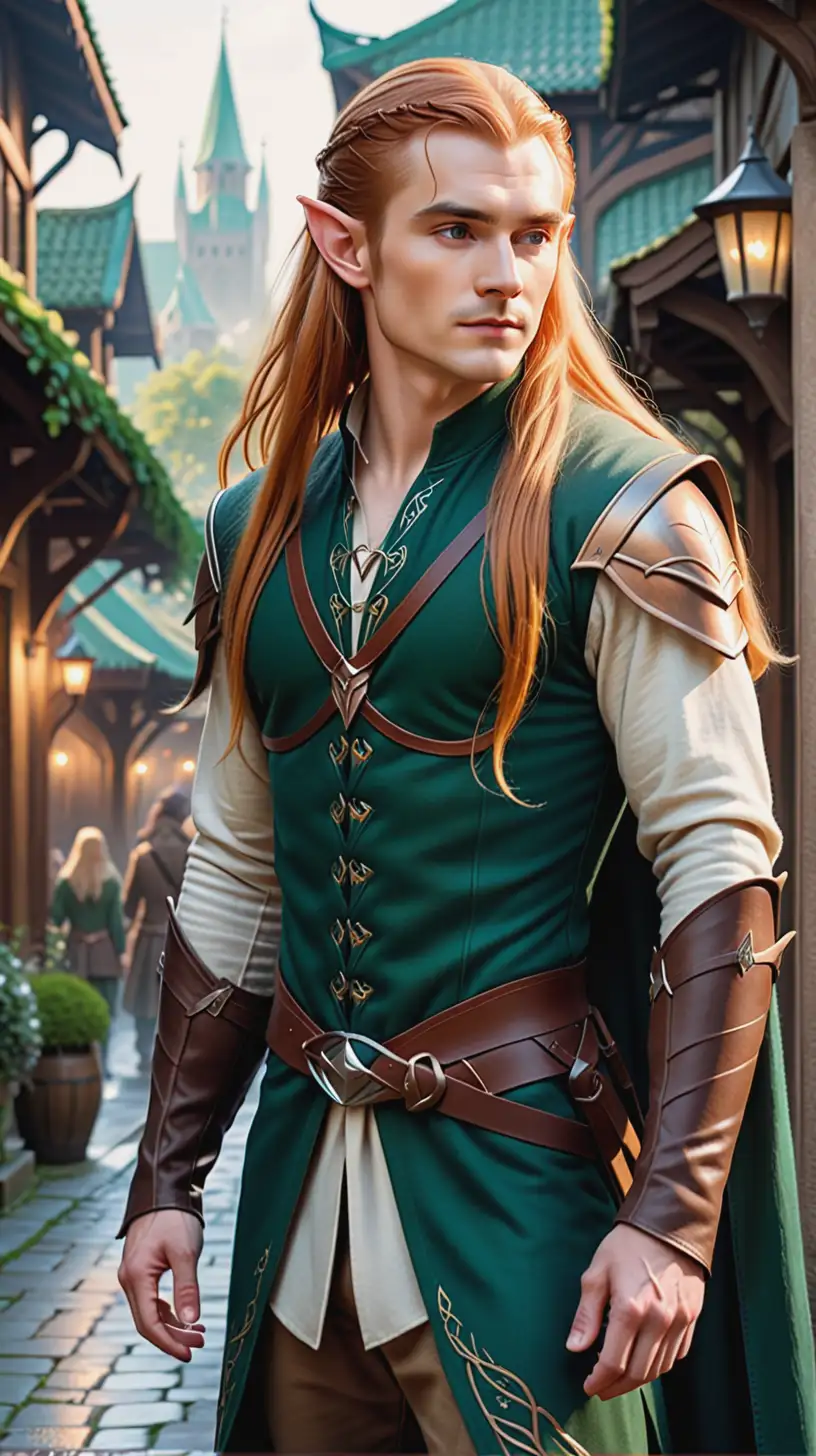 A full body image of a handsome young elvish man, masculine jaw, wearing light armour, long ginger hair, shaved face, sharp features, looking like legolas, in a fantasy elvish city full of nature, in a detailed fantasy style
