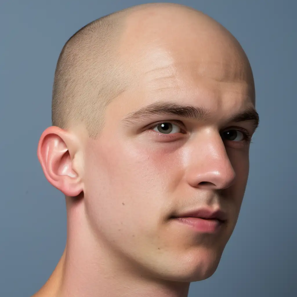 Face close up of a good looking 19 year old a clean shaven white man, bald, slim, symmetrical face, side view

