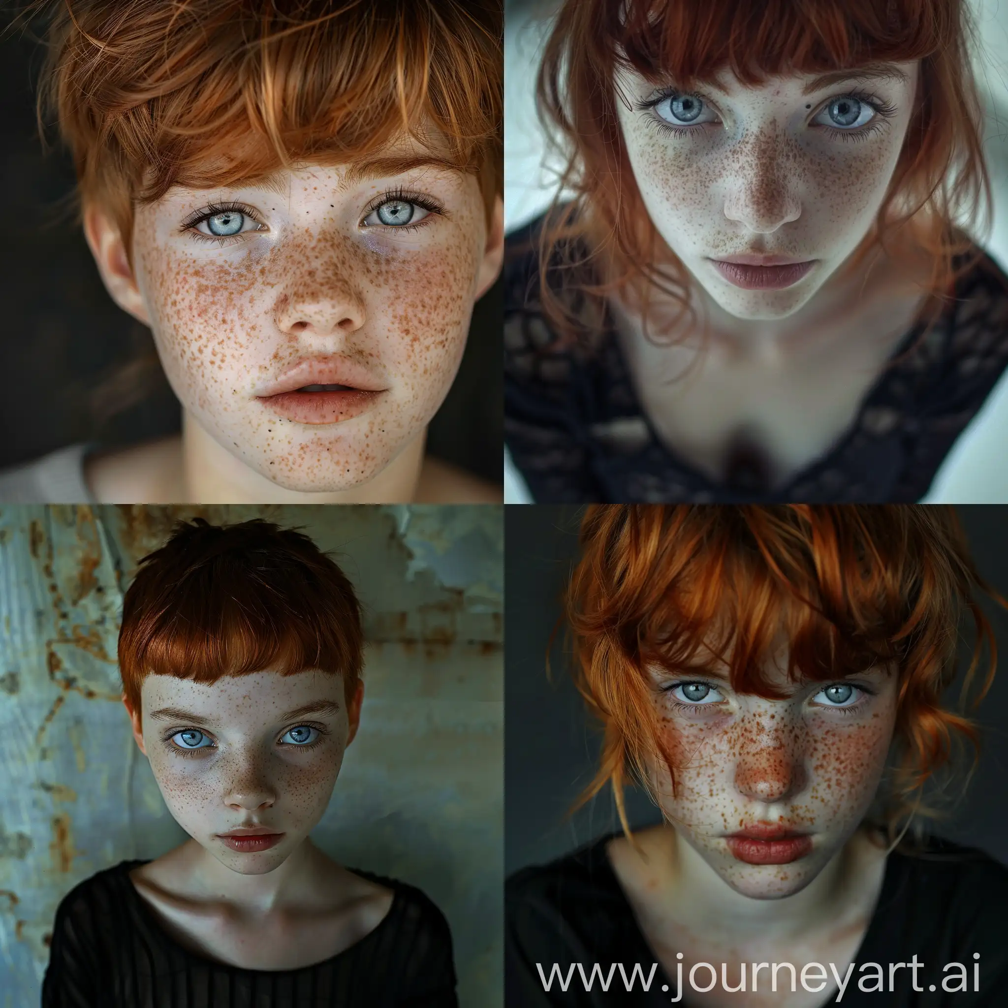 16 year old girl goth pixie red hair, freckles, icy blue eyes 