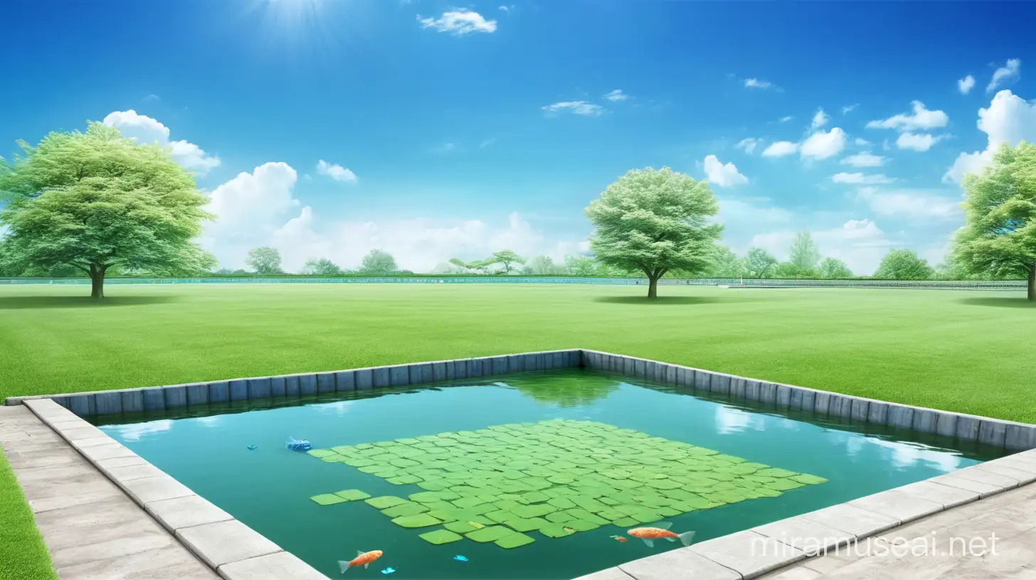 Soothing Green Fish Pond with Reflected Blue Sky