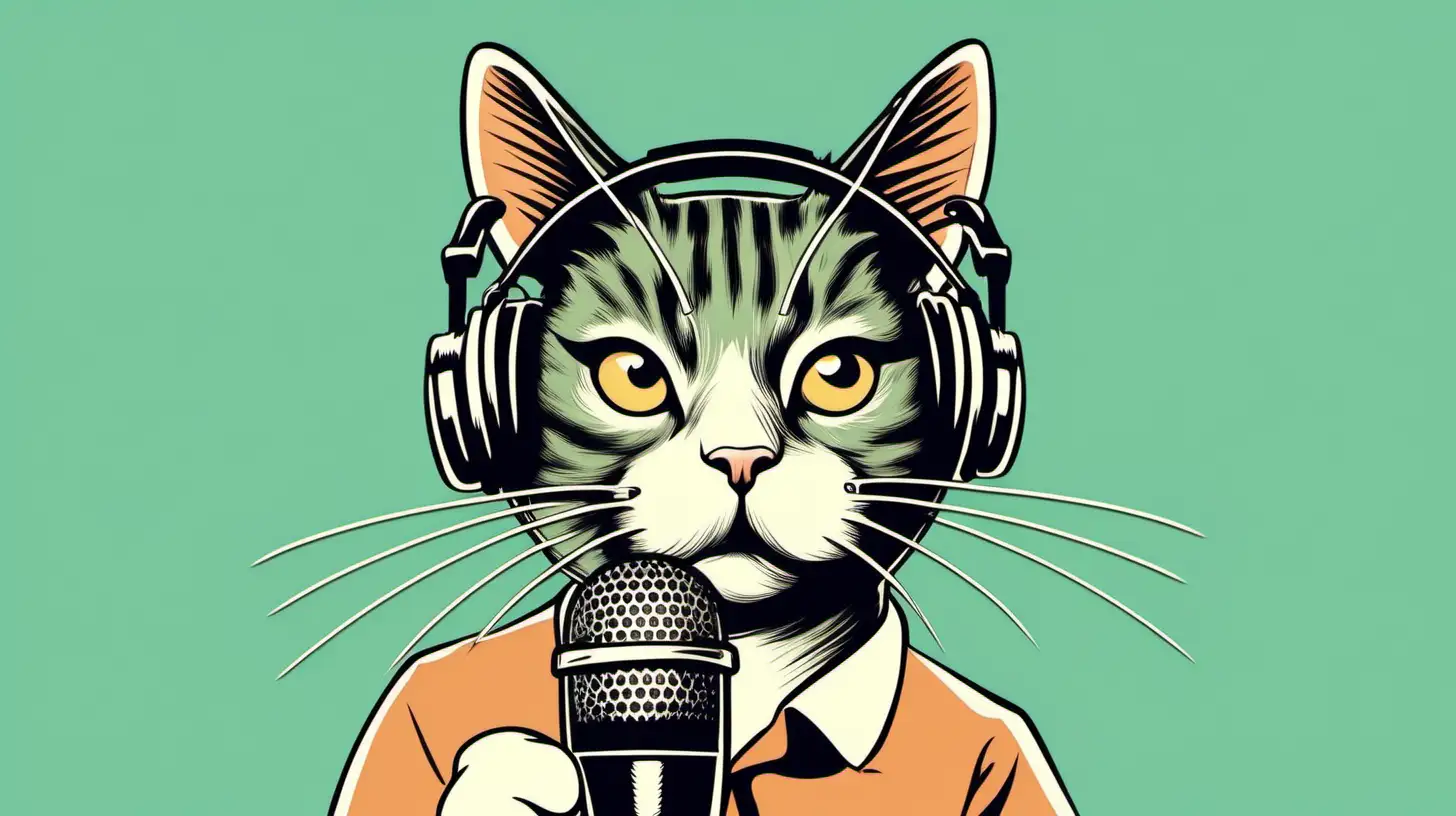 Generate an image of a silly Cat, one eye winking and holding a microphone as a podcaster. Give it a 1960s-style illustration. Make the cat intrigued.