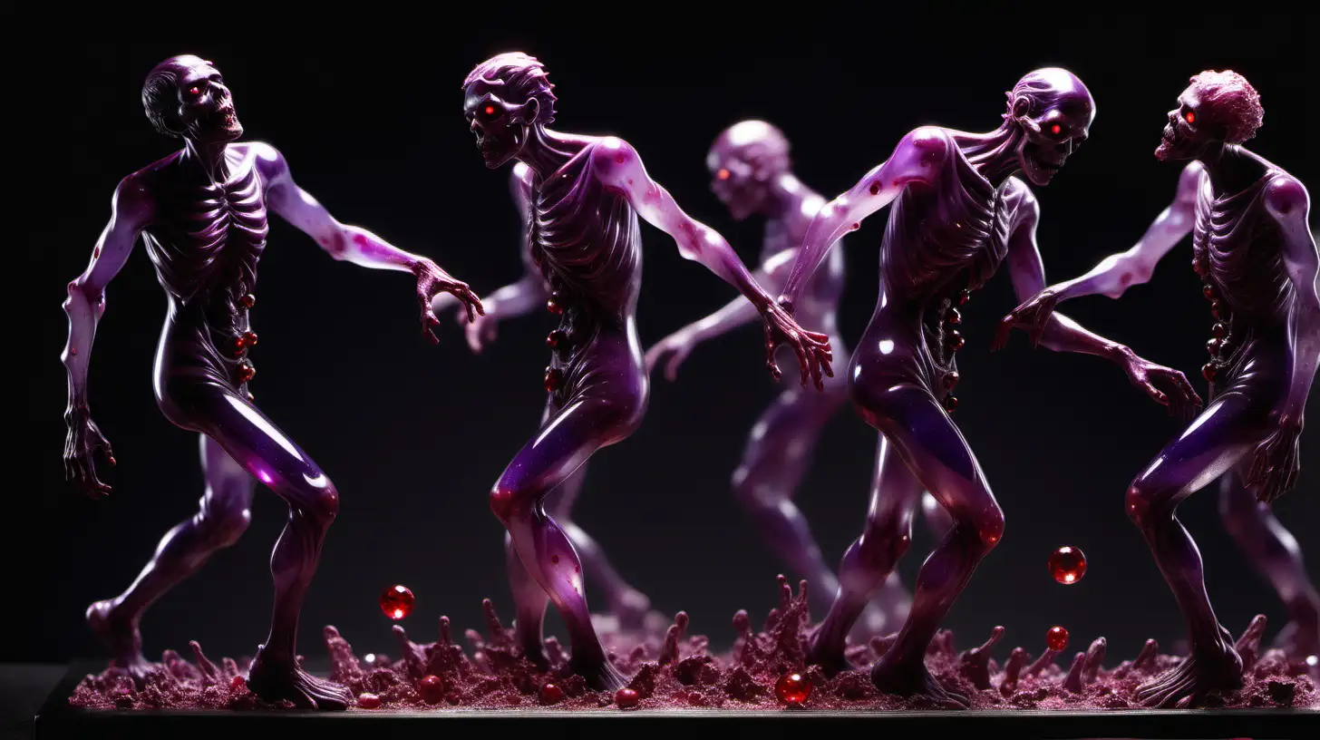 Restoration of a fragmented purple glass Zombies on the Move figure in gentle, surreal movement. Complete lateral silhouette with crimson sparkle, motion smear, and levitating gems. Cozy, otherworldly illumination, hyper-detailed clarity, and soft hues for a peaceful, rejuvenating impact, high contrast, sharp light reflection