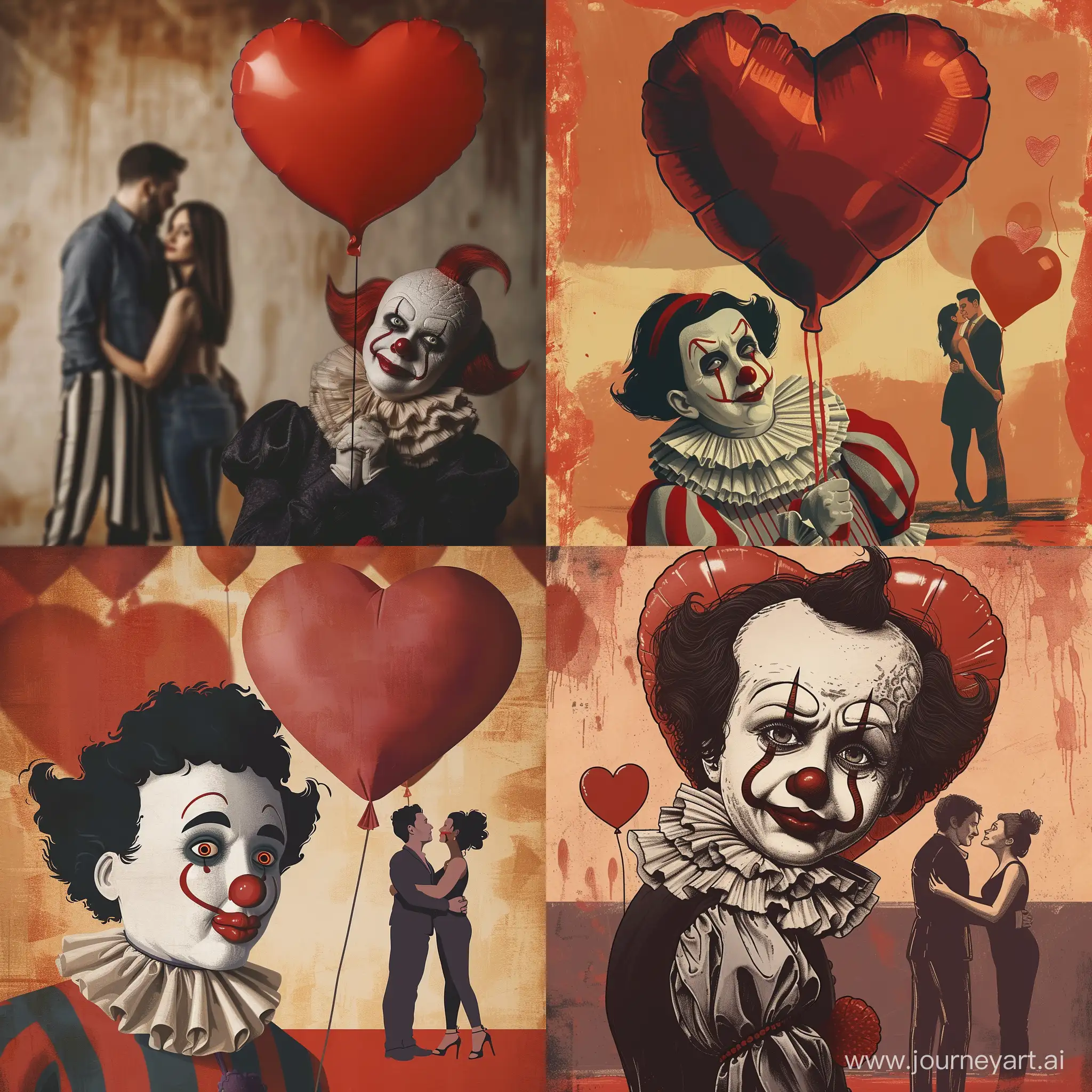 Sad-Clown-Holding-Heart-Balloon-with-Loving-Couple-in-Background