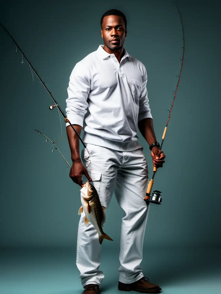 A handsome african american man with a white casual outfit on fishing full body