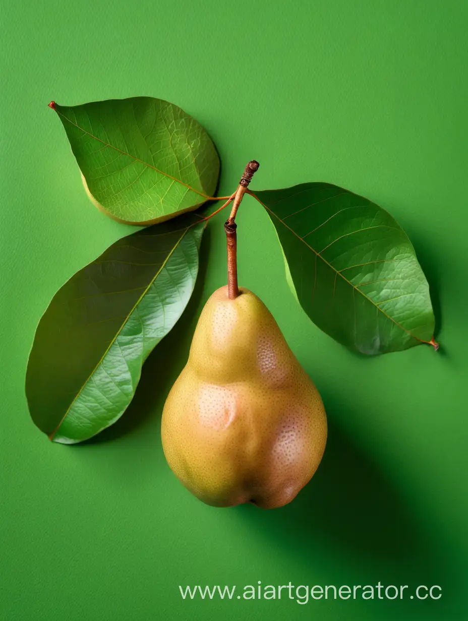 Fresh-Asian-Pear-with-Vibrant-Leaves-on-Green-Background