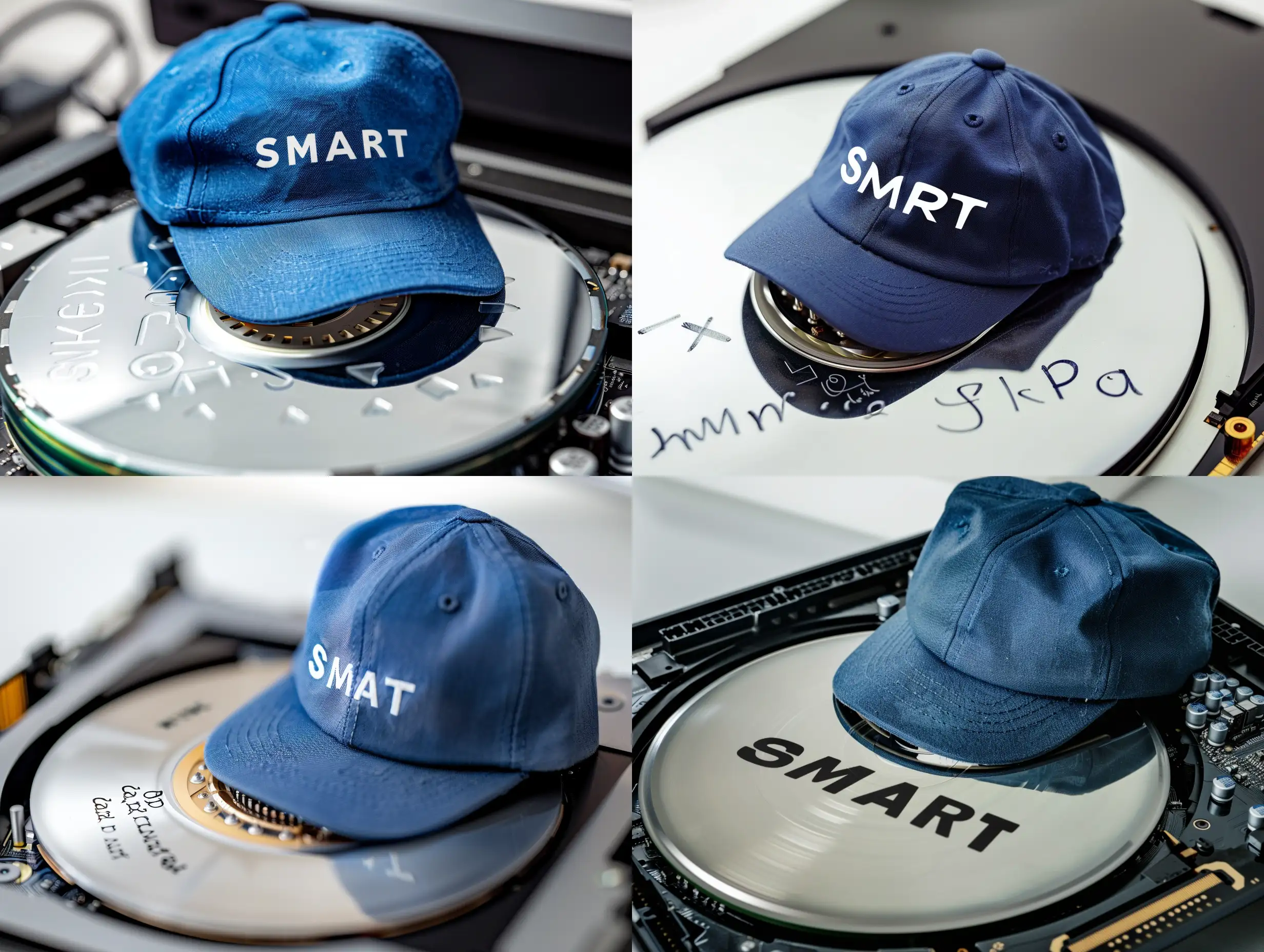 "SMART". Photo on a white background. Computer hard disk showing disk platter. Wearing a blue cap. Write "SMART" on the cap.