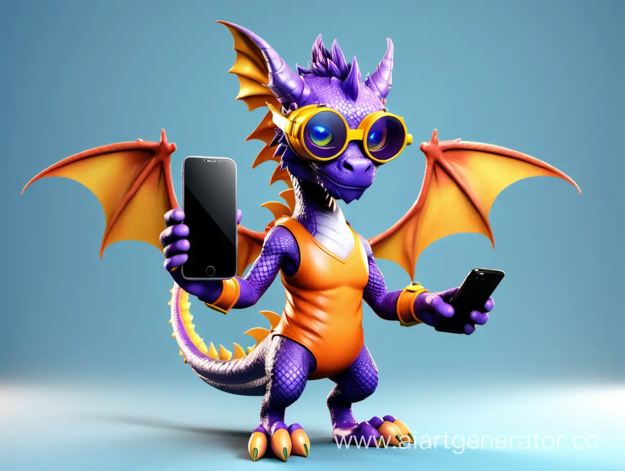 Фиолетовый дракон с кошачьей мордочкой, с длинными ушами, в жёлтых очках виртуальной реальности, лапы как у дракона, за спиной голубые крылья. В правой лапе смартфон. Носит оранжевые шорты. 
