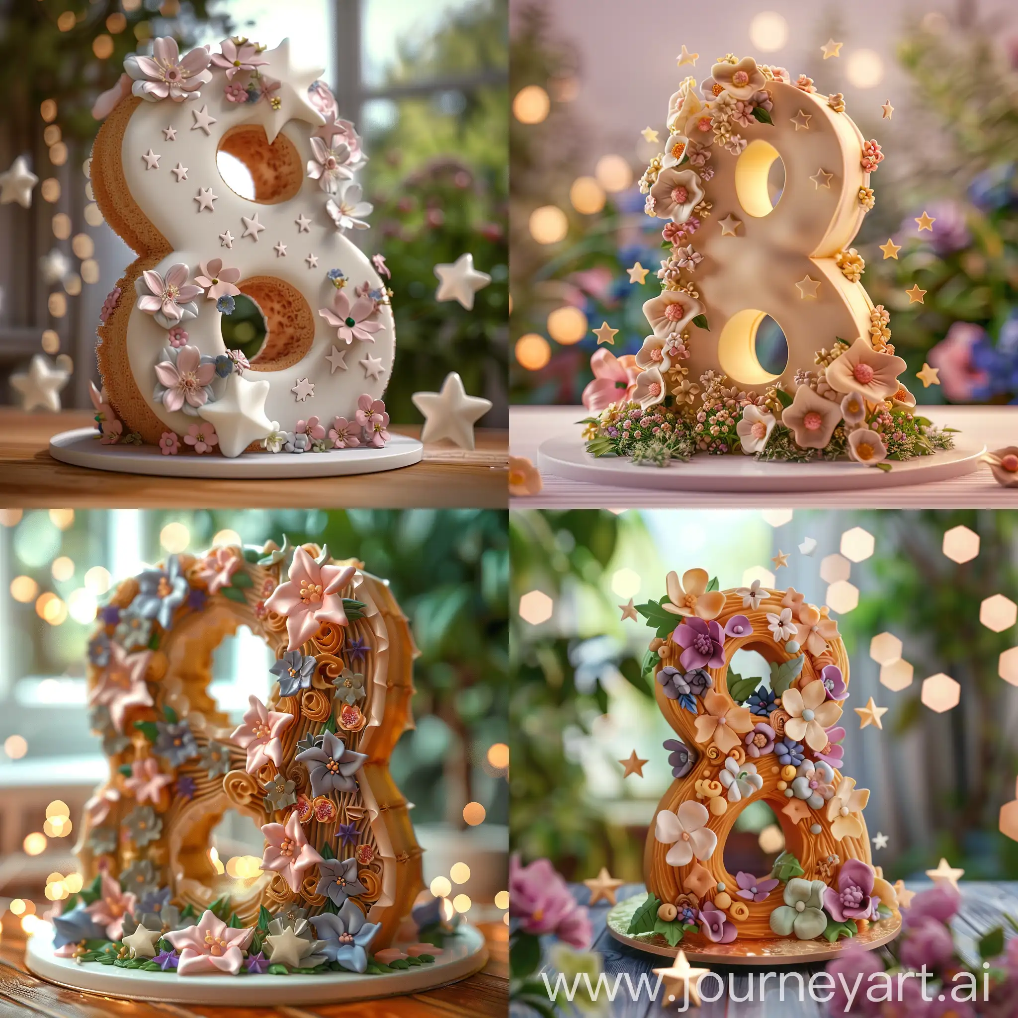 3d cake in the shape of a number eight, with flower decorations, 3d stars around, detalised, blured background