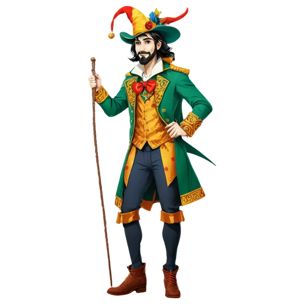 2d anime jester magician with beard and sideburn 