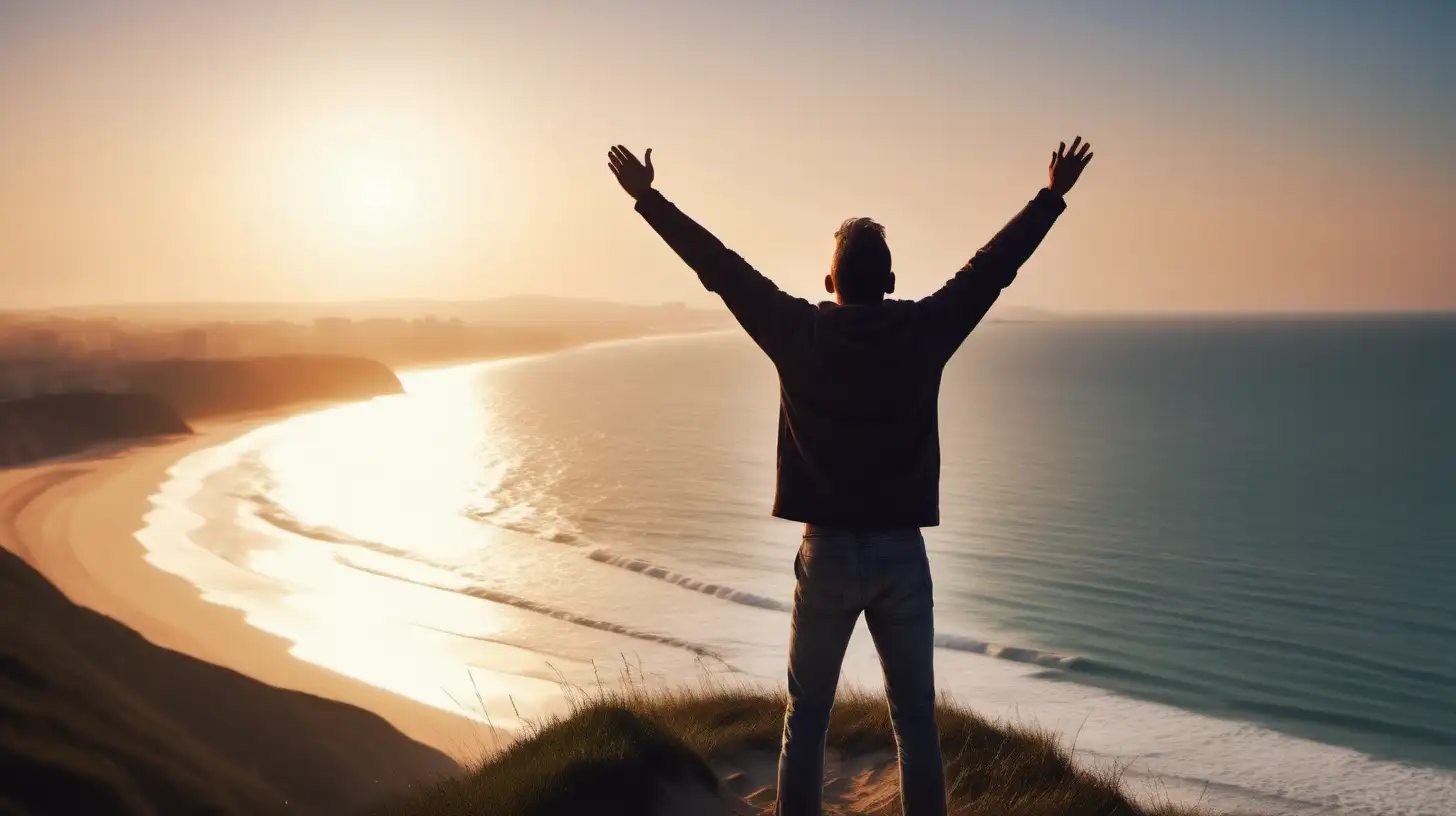 Man Rejoicing on Hill Overlooking Beach at Sunrise