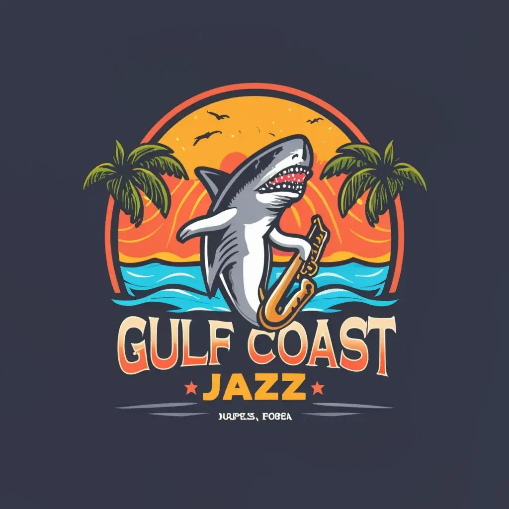 logo, Shark playing a saxophone with water, sunset, palm trees, with the text "Gulf Coast Jazz", typography "Naples, Florida" in small font underneath