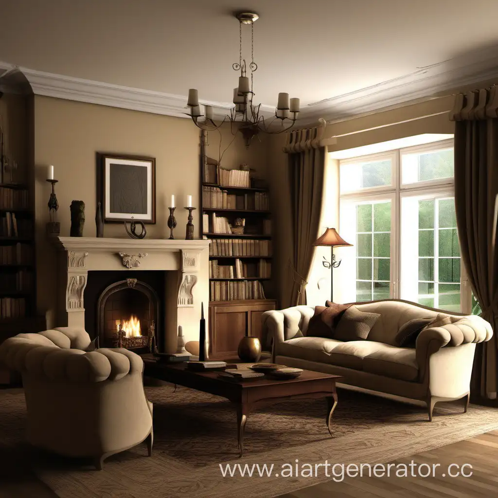 Living room in beige, brown and white colors. With a fireplace, no windows and should be semi-dark. It should be the kind of living room that is found in the Malfoy house. It should not be a modern living room, but rather a living room in the English style of the 1990s. With one sofa and two armchairs.
