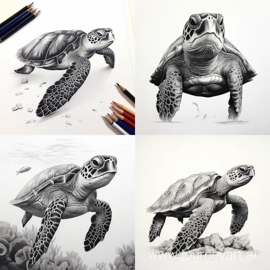 A high quality realistic black ink line drawing on a white background of Martinique turtle style