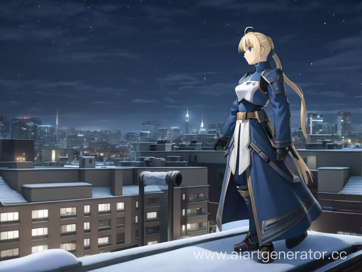 saber, stands on rooftop, at winter night