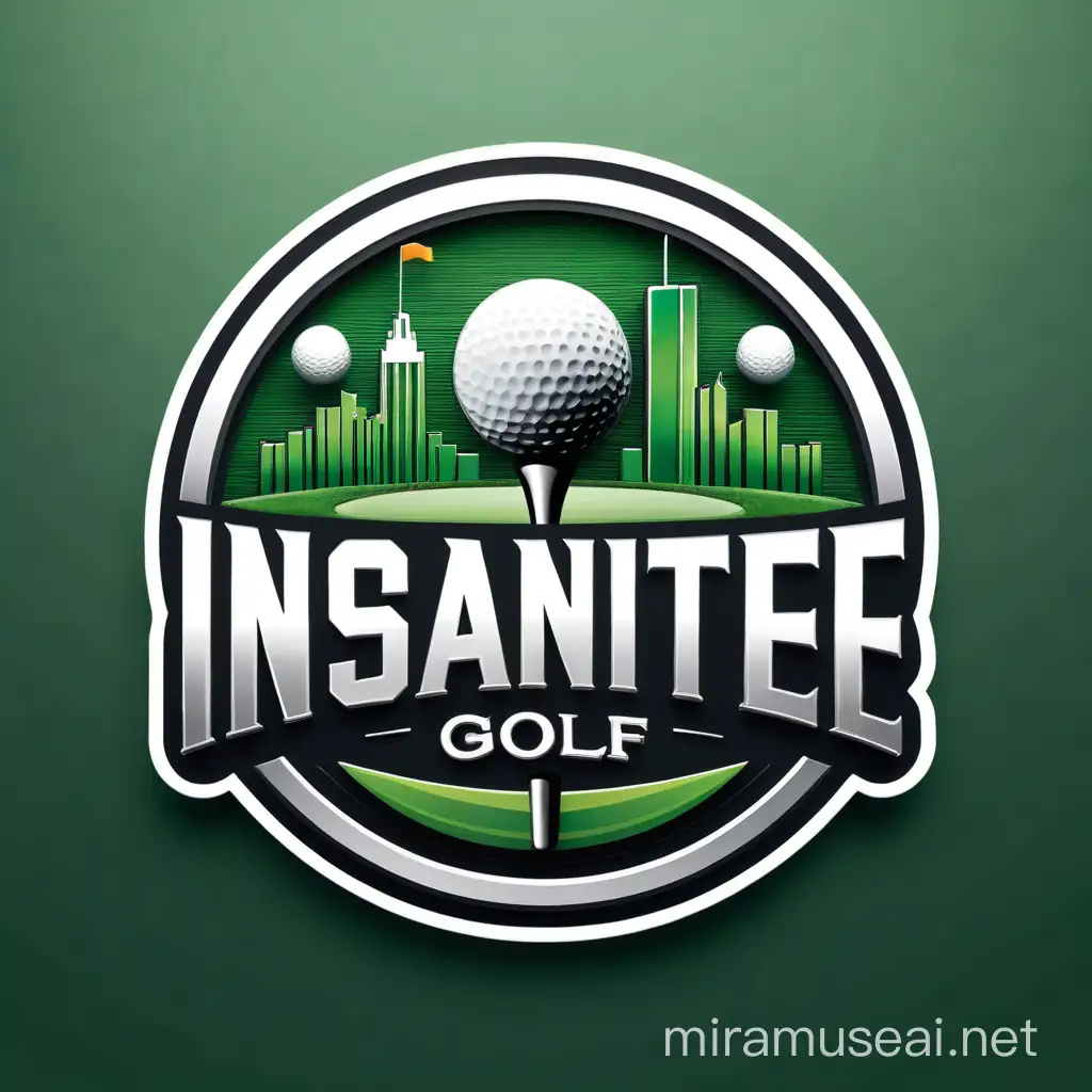 
Create a realistic circular logo for 'INSANITEE GOLF', ensuring the brand name 'INSANITEE' is spelled correctly and prominently featured within the logo. Enhance the realism of the cityscape, include a golf tee with a golf ball on a golf course. The entire composition should be encircled within a white outline. The brand name should have raised letters, using a color palette of vibrant green with accents of metallic gray and black to emphasize the three-dimensional effect of the letters.
The brand name should feature raised letters, using a vibrant green color palette with accents of metallic gray and black to emphasize the three-dimensional effect of the letters. 