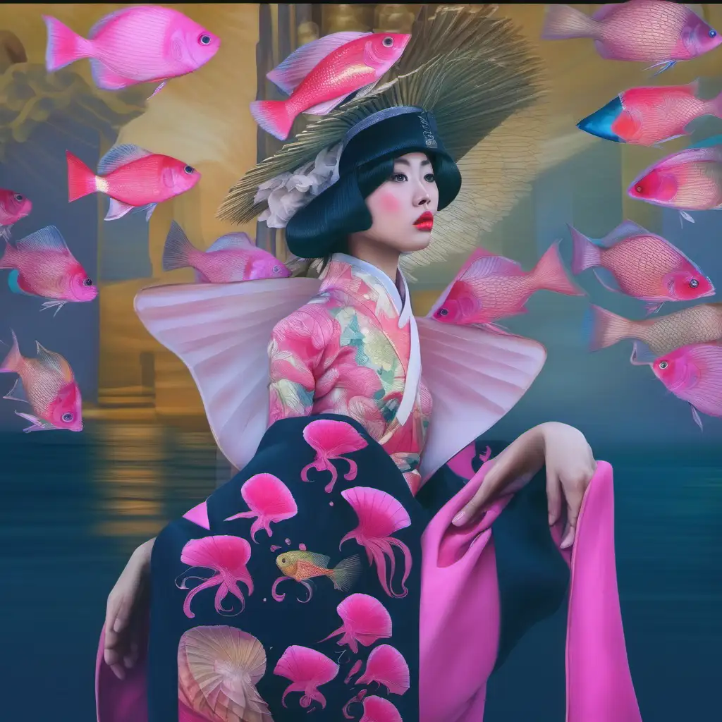 Asian lady face with pink angel Fish pagoda hat 