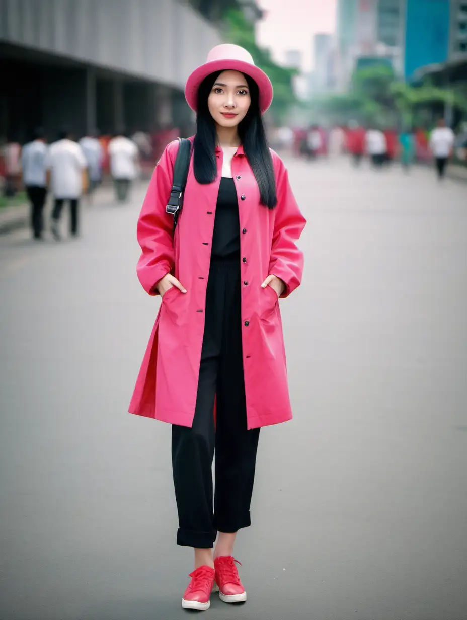 Beautiful woman. Big nose. fair skin. black hair. Height 140. Wearing a long pink and red jacket. covered the whole body. hat. Shoe. trousers. Ongoing. in the middle of the city. clear eyes. From Indonesia