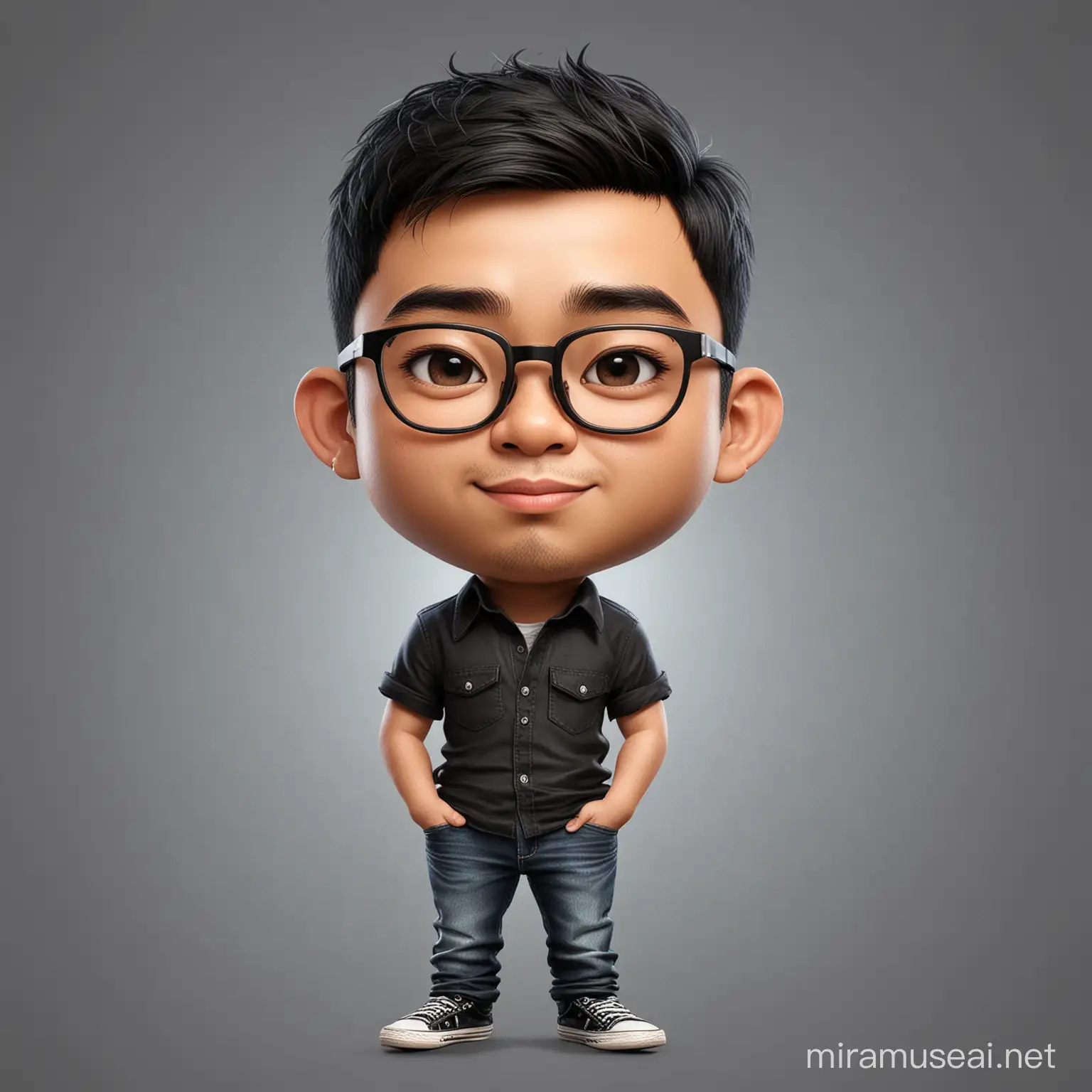 Chibi Caricature Portrait of a Stylish Indonesian Man in Black Shirt and Denim Pants