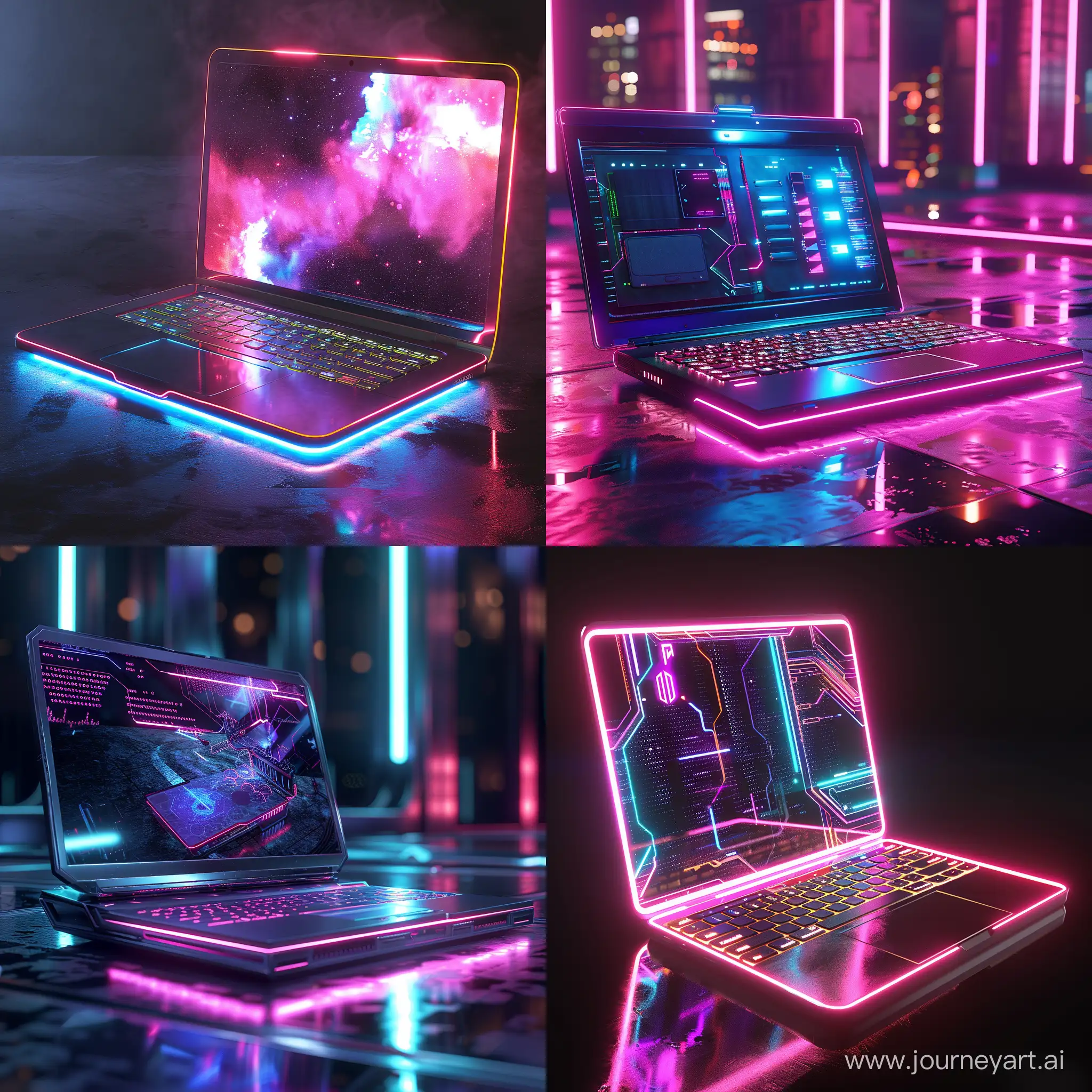 Futuristic laptop, world of high tech, world of smart materials, world of neon lighting, octane render