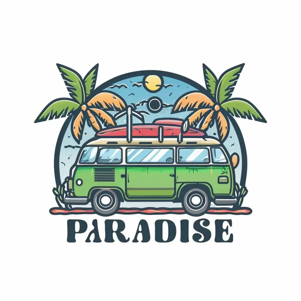 logo, , Inspired vector logo , Hyper detailed kombi with coconut trees and surfboard shirt print, vector, flat 2d, 4k resolution ,bright and detailed image , bright vibrant colors, white only background, with the text "Paradise", typography