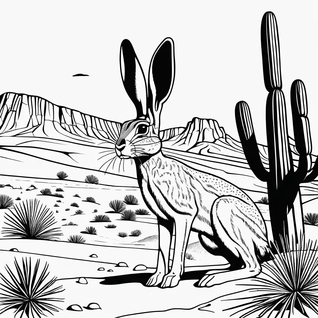 simple black and white coloring book picture of desert with jackrabbit