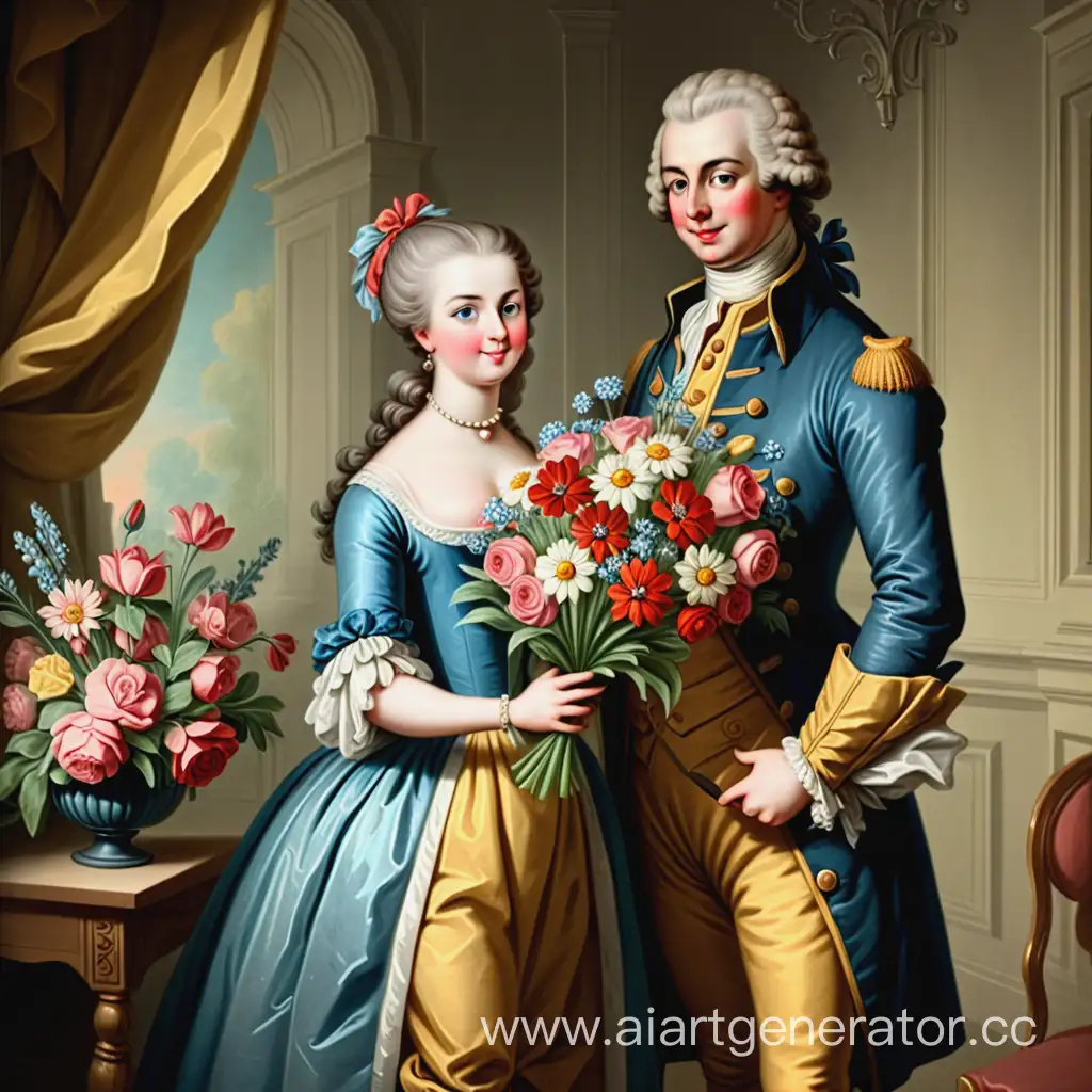 Открытка на 8 марта. 18 век. Красивый мужчина дарит букет цветов красивой женщине.