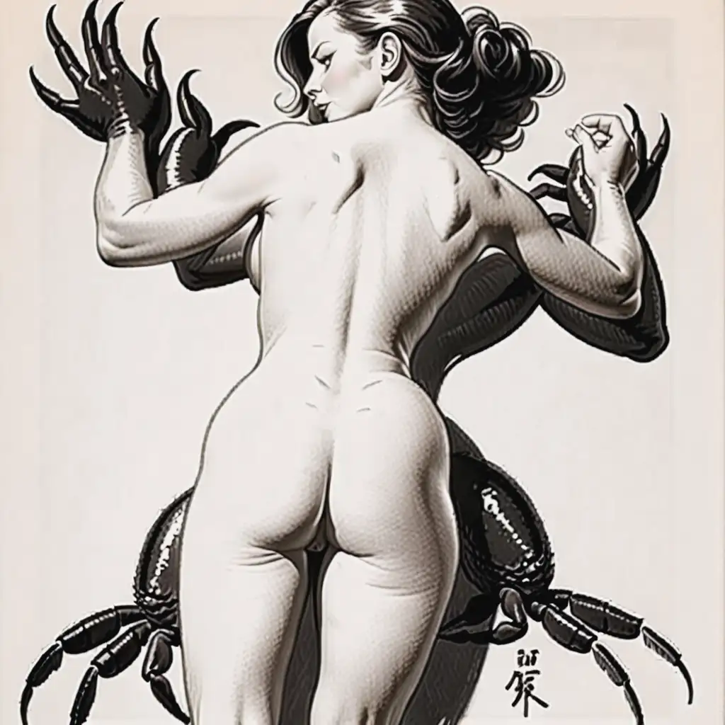 femme nue (de dos:2.1)  attaquée par un crabe géant ; couverture d'un fanzine 1950