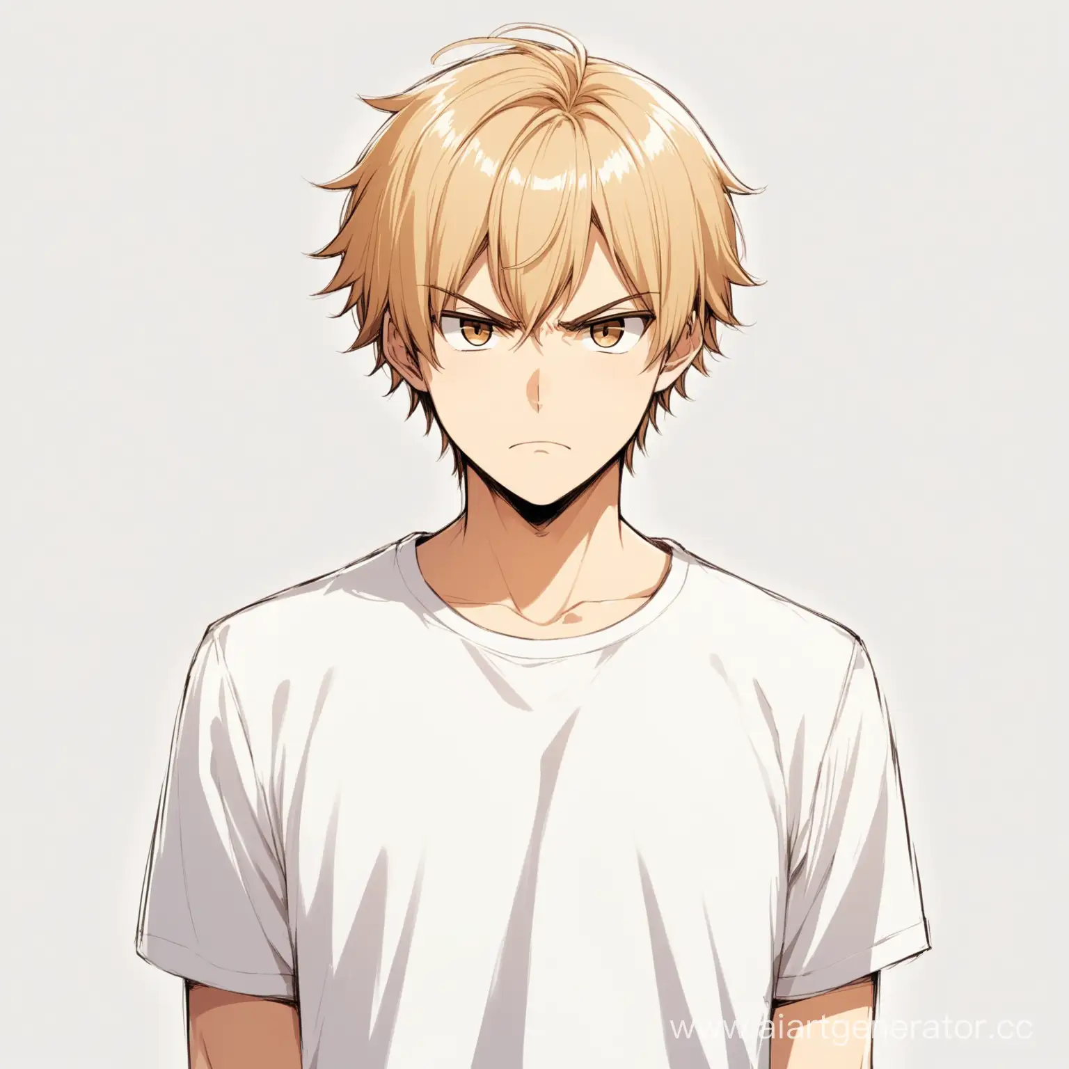Аниме персонаж, парень со светлыми ухоженными короткими волосами и с карими глазами, в белой футболке, осуждающее выражение лица, изолированный объект, чтобы его было видно полностью и на белом фоне.