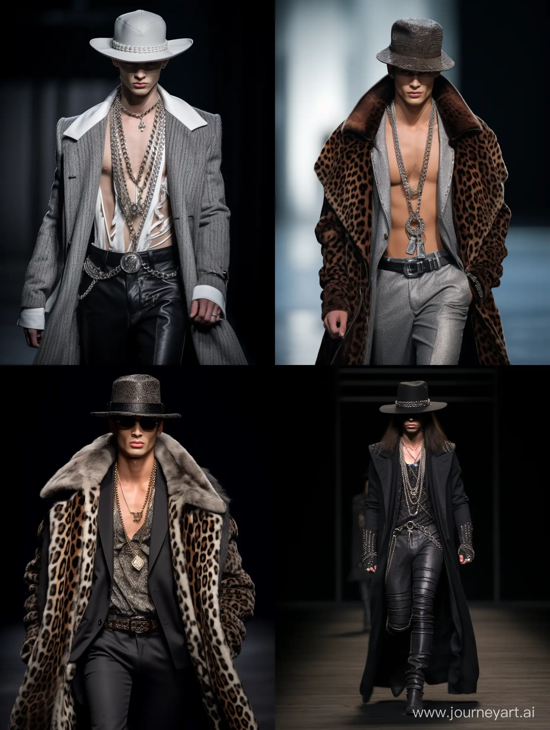 Male model handsome slim runway jeans coats vison mink jewerly hats