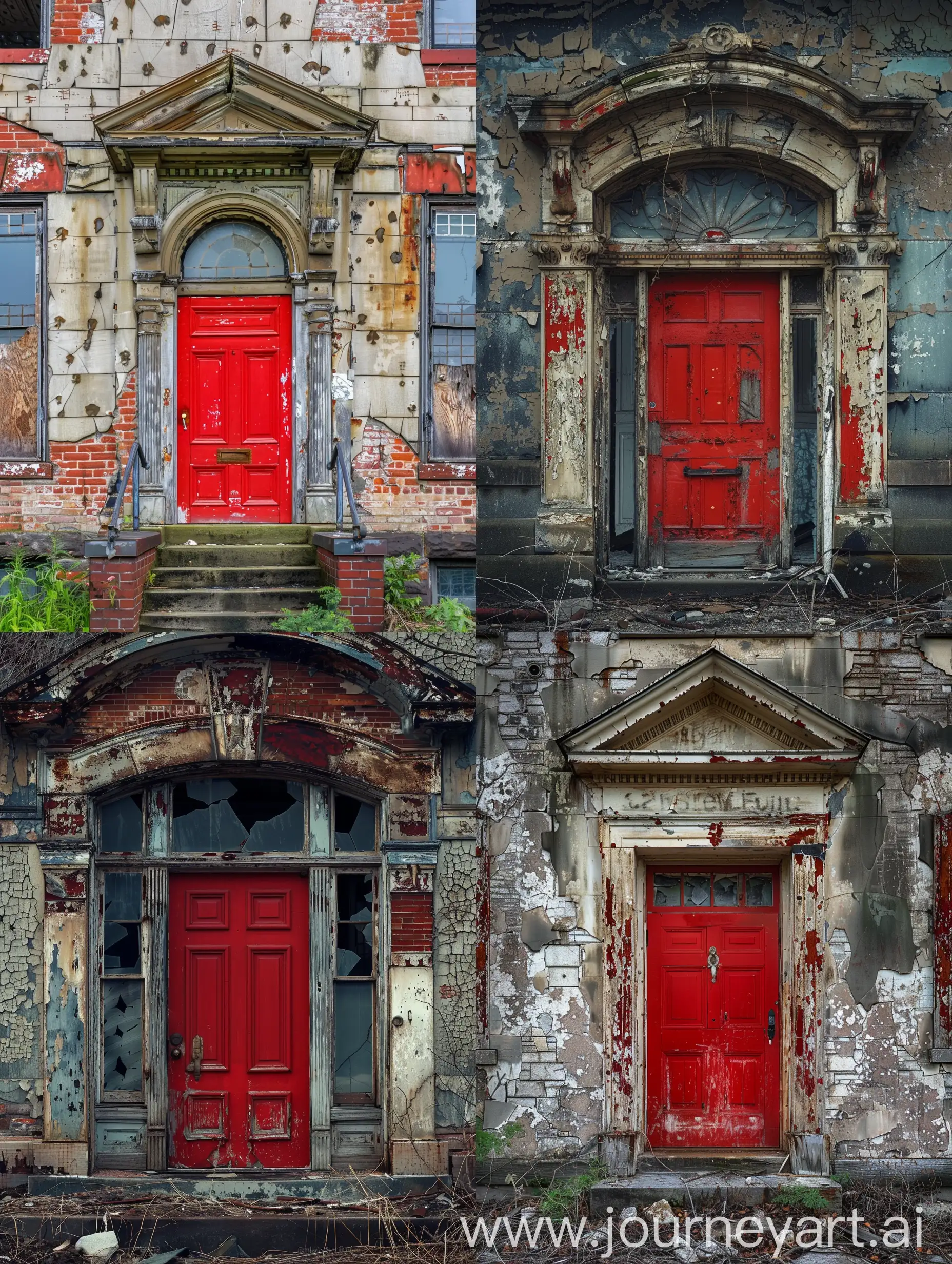 An old, decrepit mansion; Its once grand exterior now marred by years of neglect and decay. Only one feature remained untouched - a vibrant red door, standing stark against the crumbling facade.
