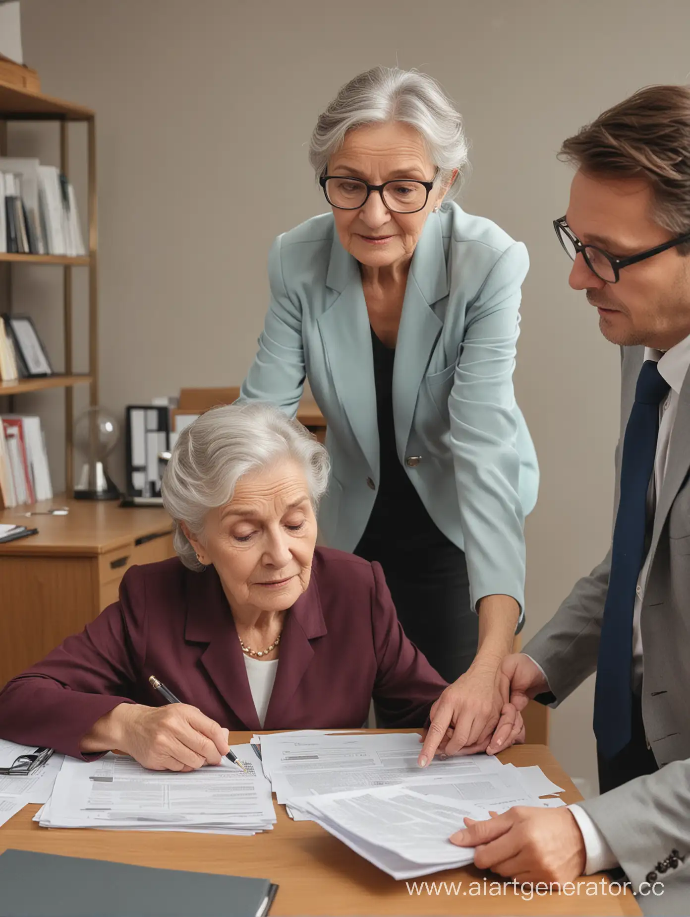 старик юрист помогает пожилой женщине с бумагами, современный офис, общий план, цветное изображение, четкие лица