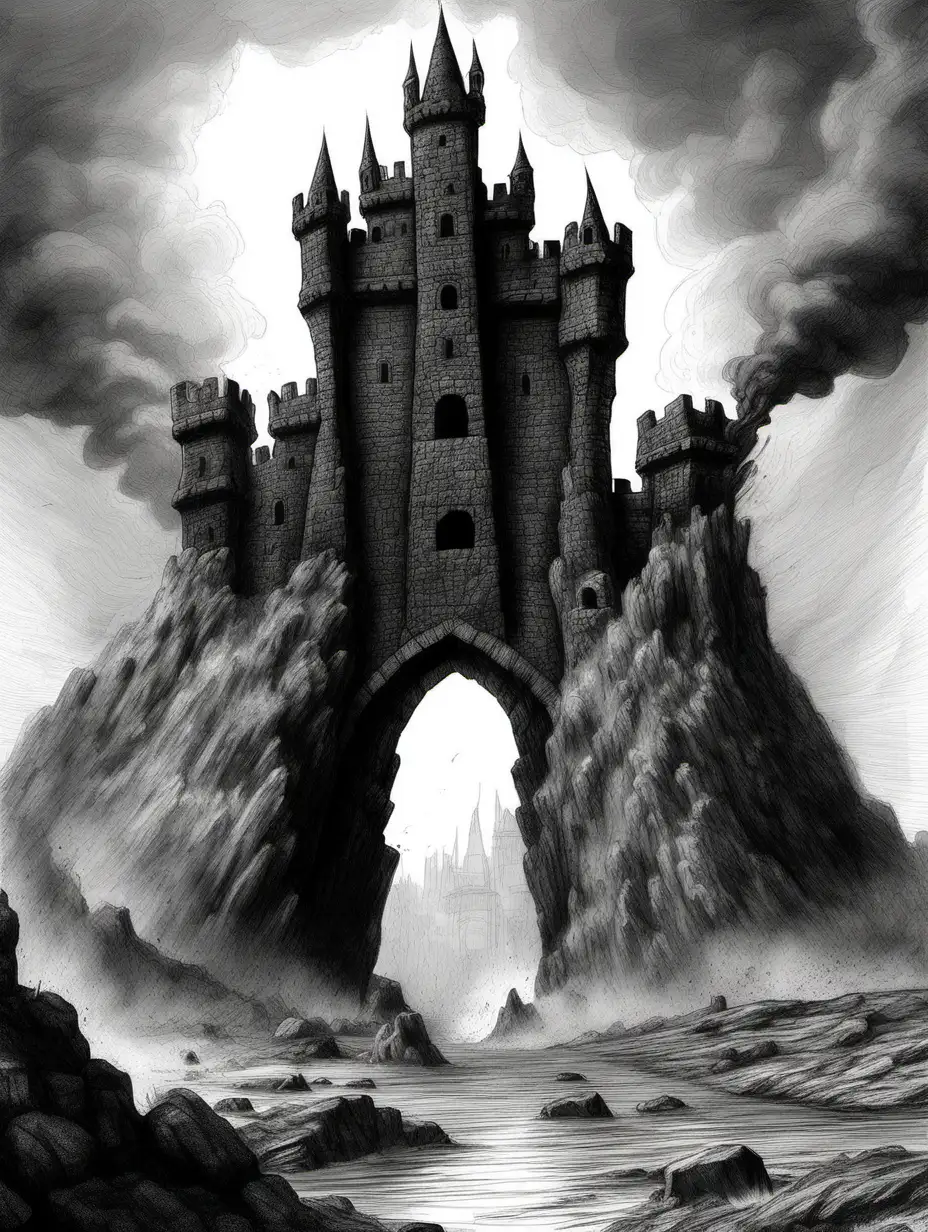 A massive black castle surrounded by flowing lava, cartoon, castle door, castle bridges, castle towers, intricate details, desolate lands
