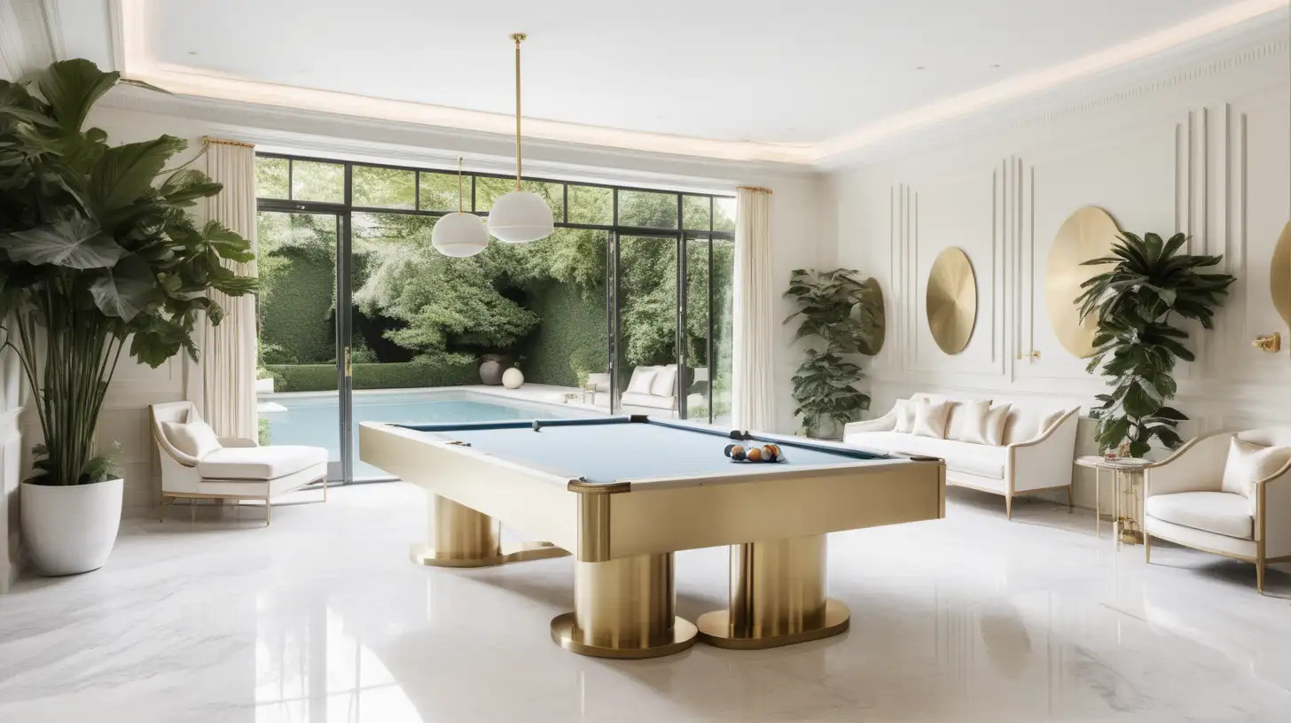  modern Parisian pool room; surrounded by lush gardens; brass, light oak, brass, ivory colour palette;
