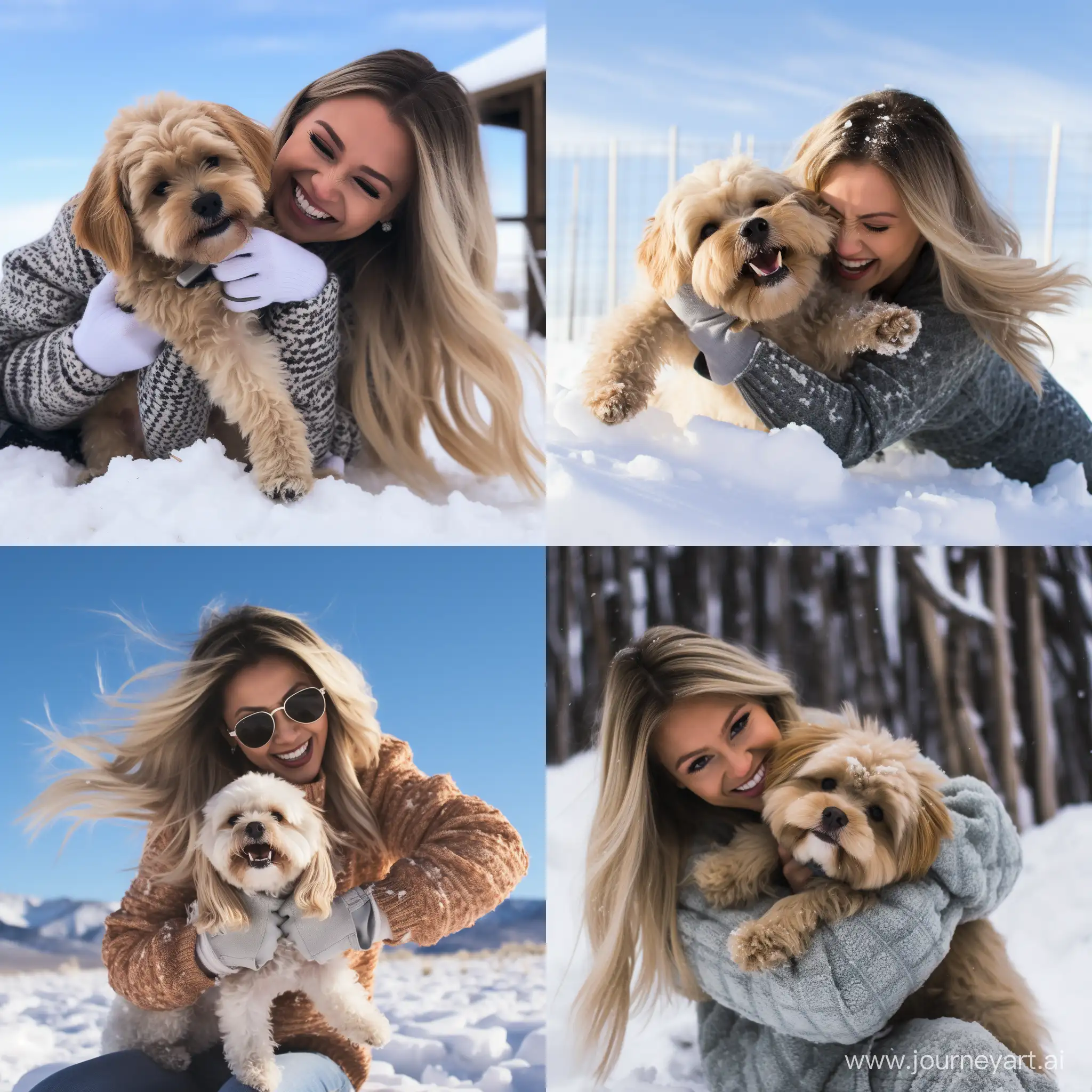 a brown maltipoo playing in the snow with my blonde sister