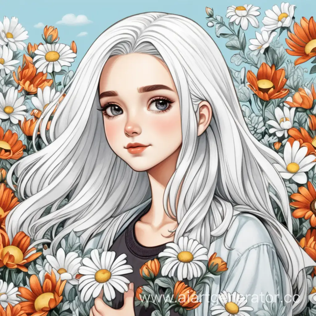 Девушка с русо-белыми волосами с цветами мультяшный арт