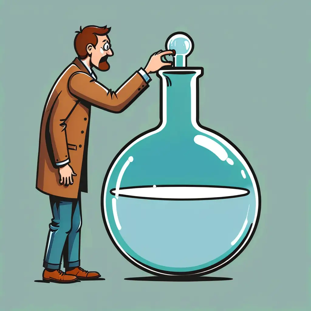 illustration of round bottom flask where is filled man who knocking on the glass of the flask